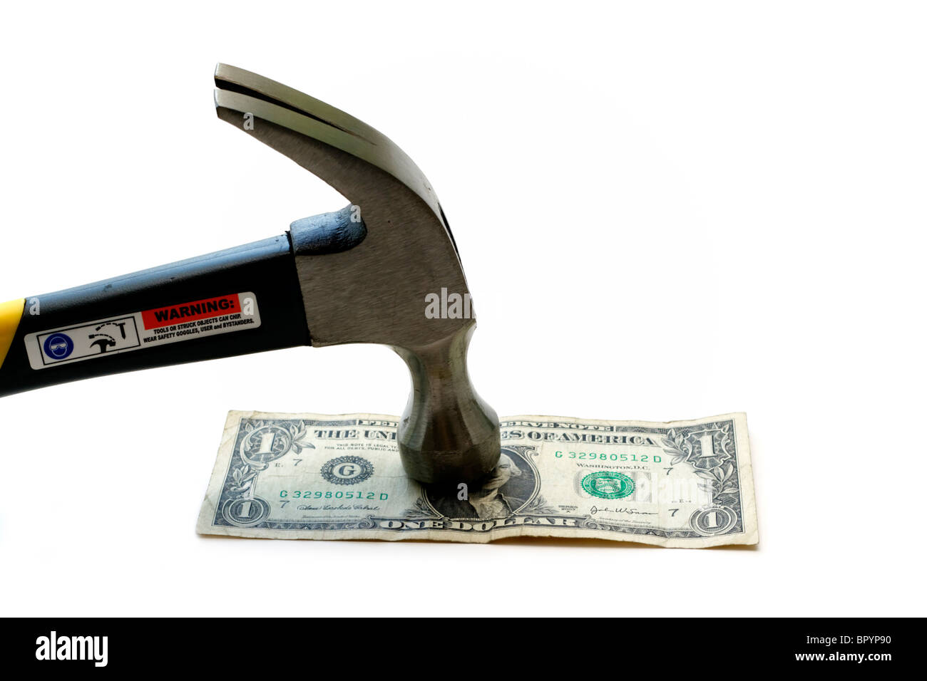 Dollar, gehämmert, Konzeptbild illustriert Probleme auf den Finanzmärkten Stockfoto