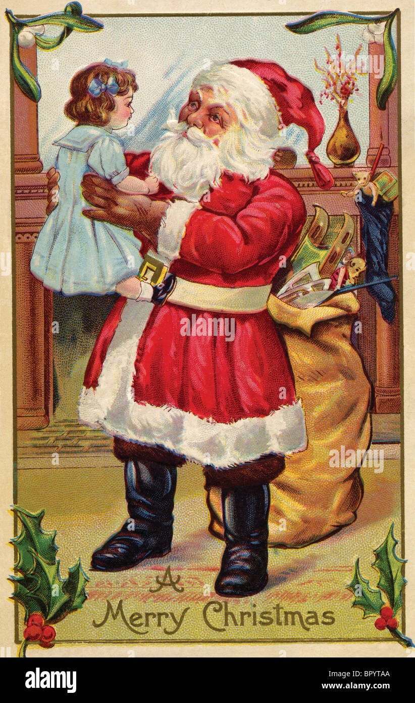 Weihnachts-Postkarte von Santa Claus hält ein kleines Mädchen Stockfoto