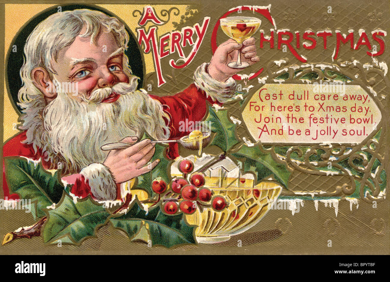 Weihnachts-Postkarte von Santa Claus mit einem Glas Punsch Stockfoto