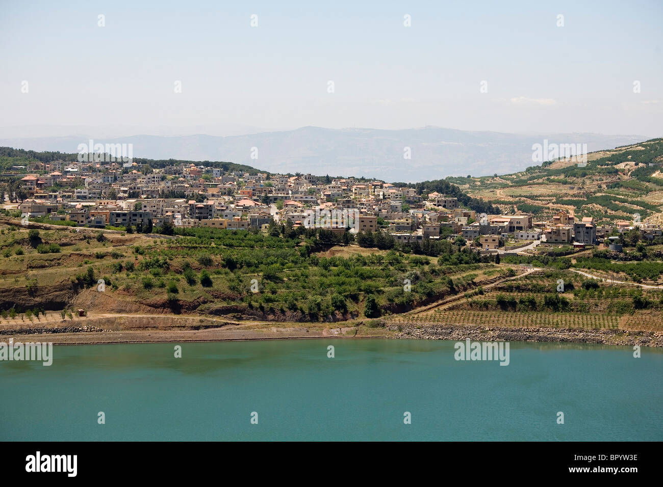 Luftaufnahme des Ram-Pools in den nördlichen Golanhöhen Stockfoto