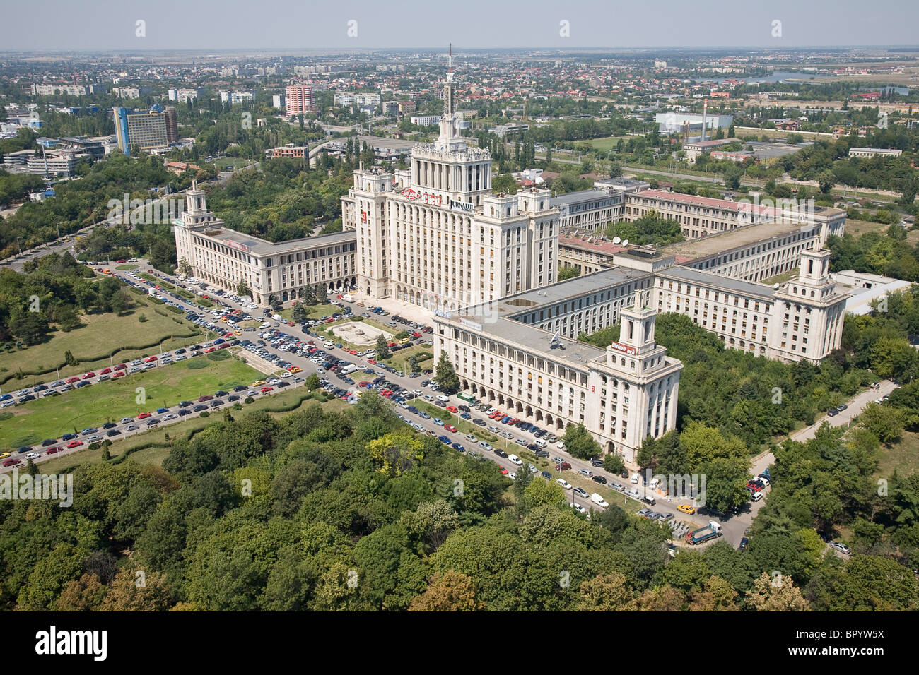 Luftaufnahme des Hauses der freien Presse von Rumänien in Bukarest Stockfoto