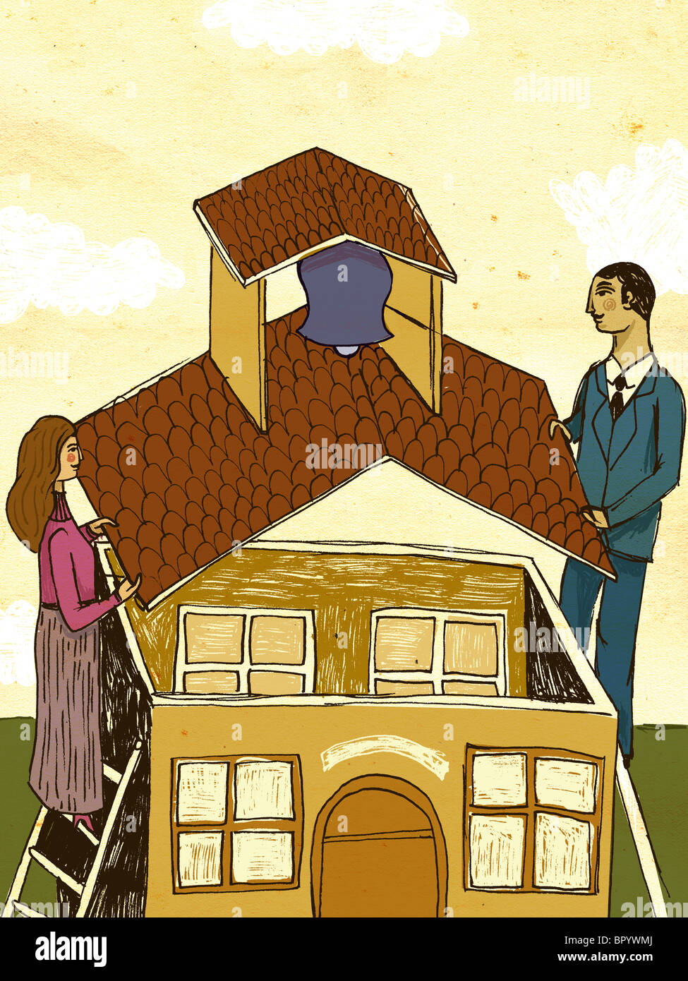 Mann und Frau, die das Dach Inverkehrbringen eines Schulgebäudes Stockfoto