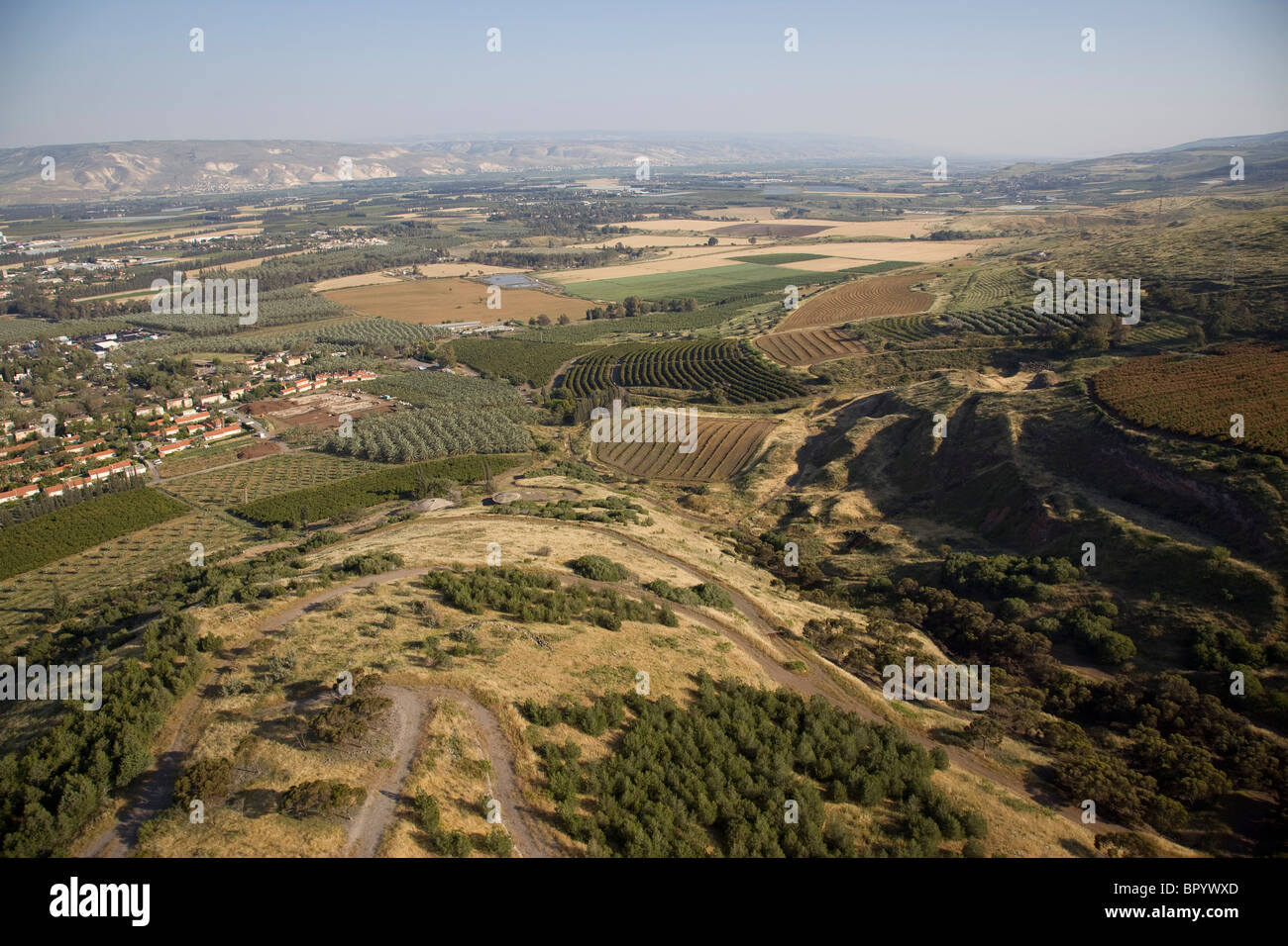 Luftbild der Bereich Landwirtschaft im Jordan-Tal in der Nähe vom See Genezareth Stockfoto