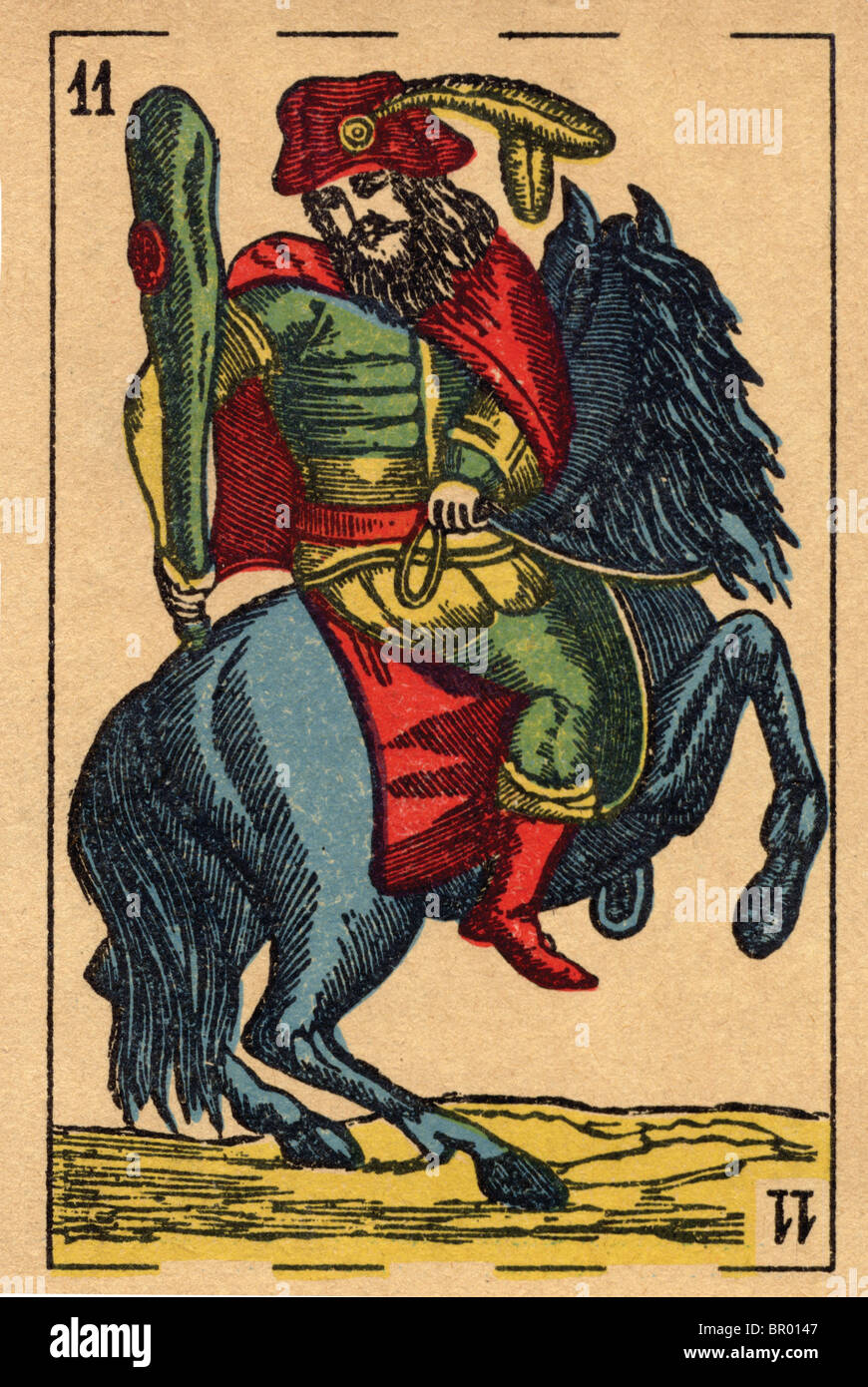 Vintage Spielkarte zeigt einen Mann hält einen Club und ein Pferd zu reiten Stockfoto