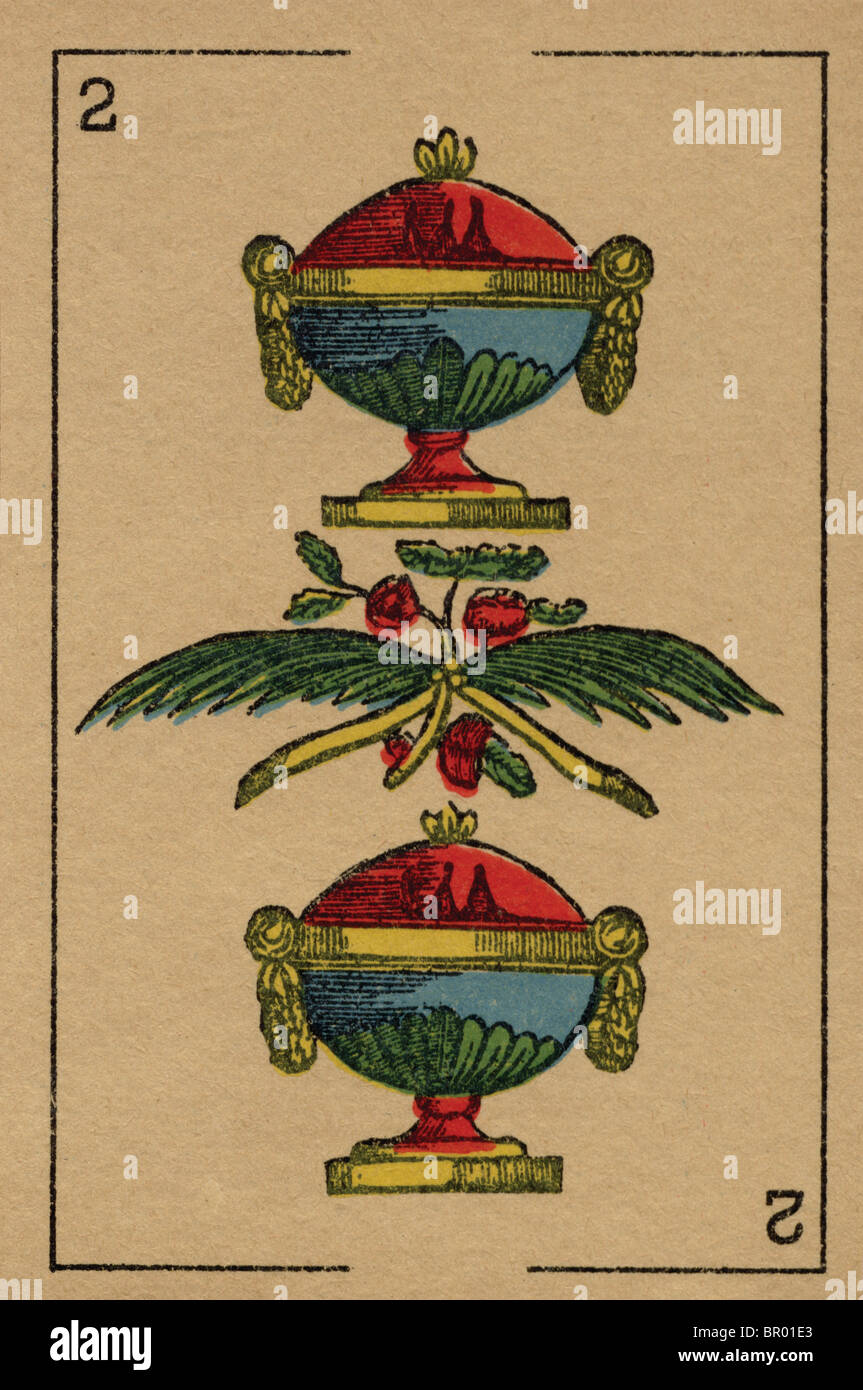 Vintage Spielkarte zeigt zwei Urnen und Blumen Stockfoto