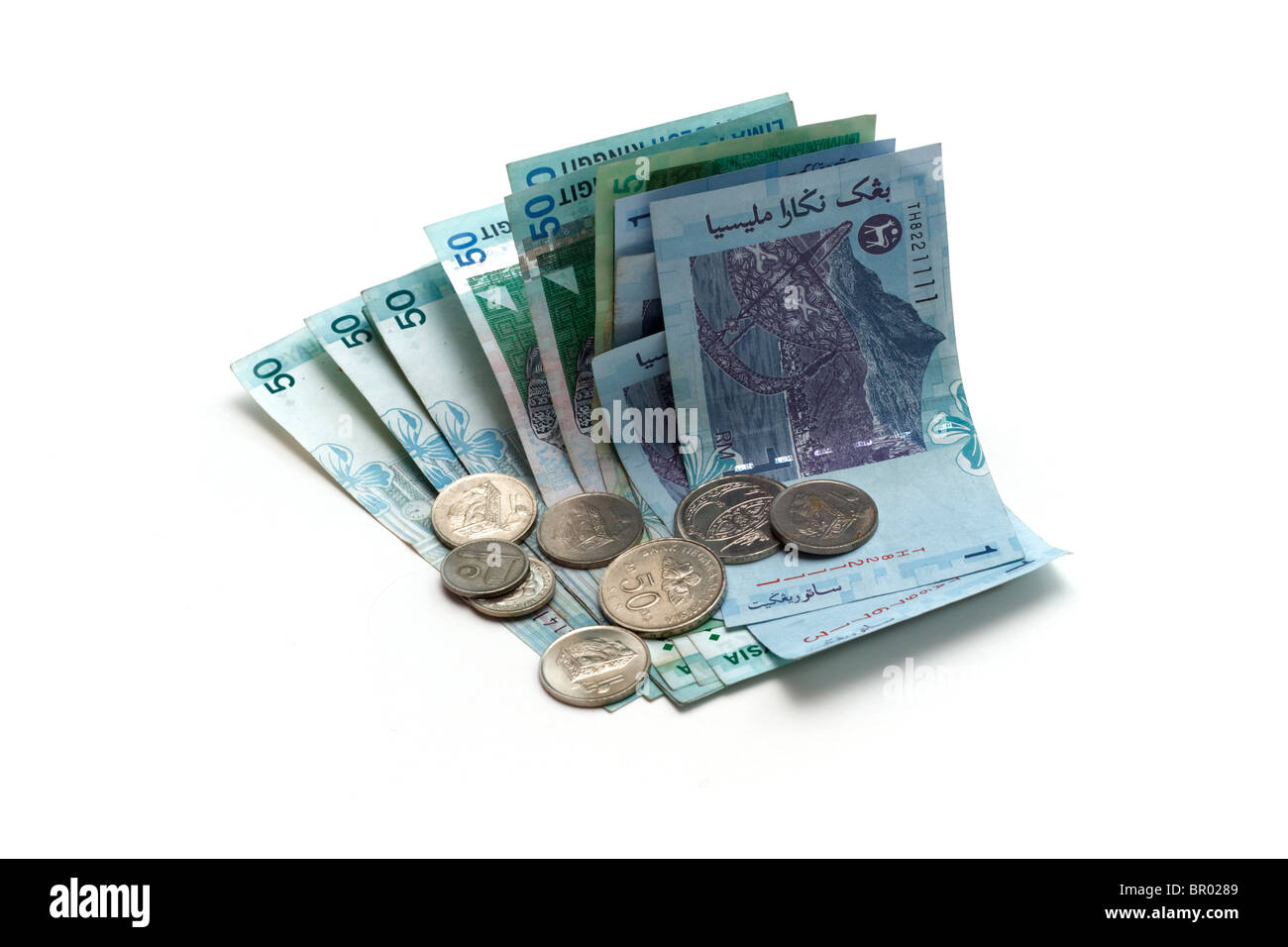 Malaysischer Ringgit-Banknoten und-Münzen Stockfoto