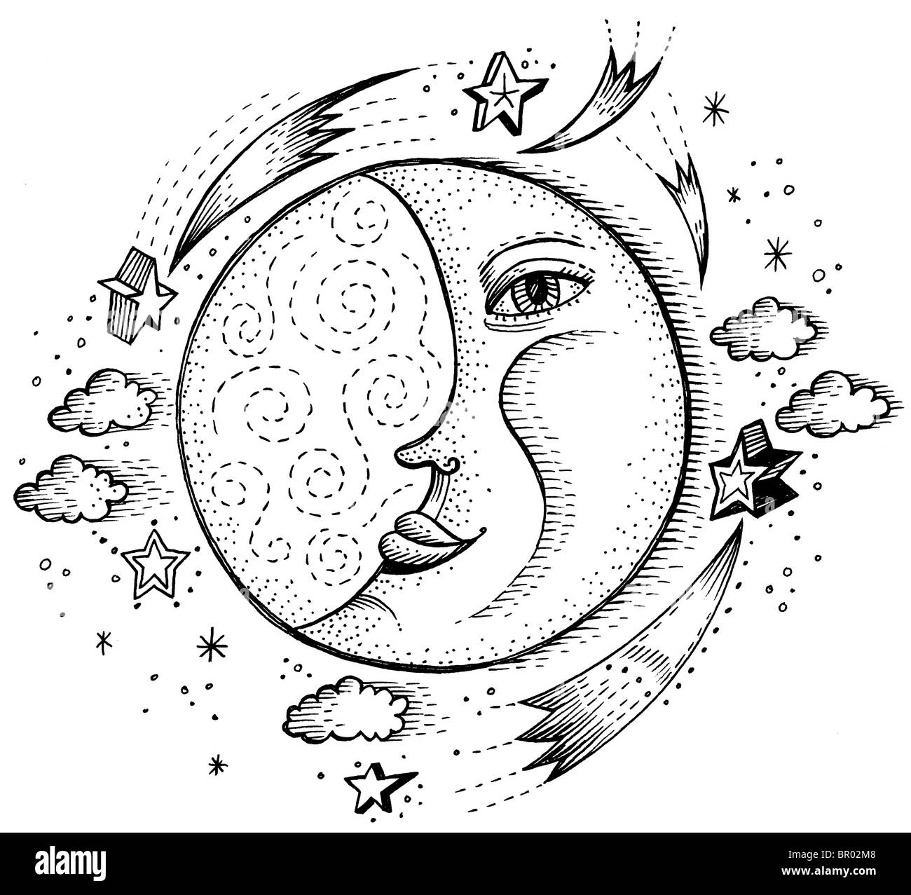 Einen schwarzen und weißen Mond mit einem menschlichen Gesicht und Sternschnuppen und Wolken um ihn herum Stockfoto
