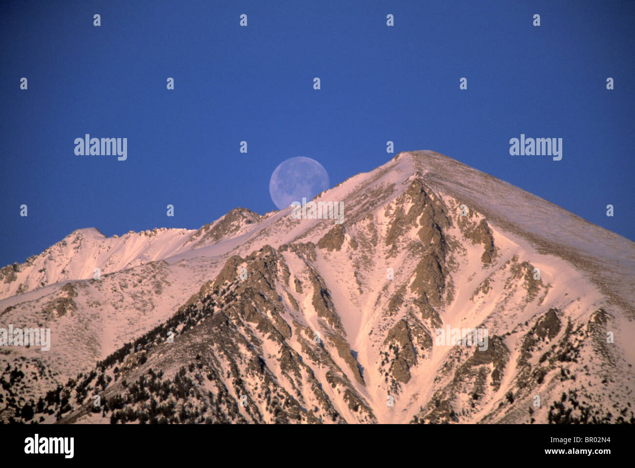 Einen malerischen Blick auf den Mond aufgehen über einem schönen Berggipfel wie Sonnenuntergang Alpenglühen es mit einem rosigen Glanz Farben. Stockfoto