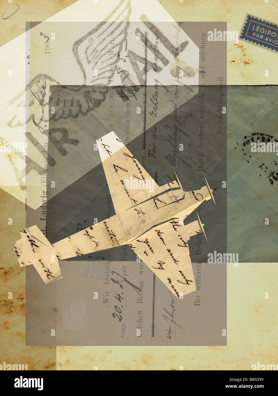 Collage mit einem Flugzeug, Luftpost, Vintage Briefe und Briefmarken Stockfoto