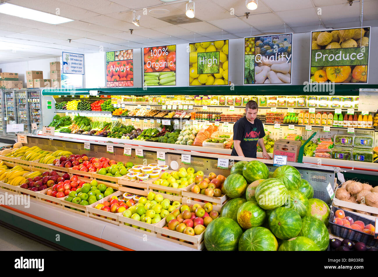 USA Maryland MD Bio einzige Lebensmittelgeschäft Markt natürliche Lebensmittel und Produkte - Mann die Regale Stockfoto