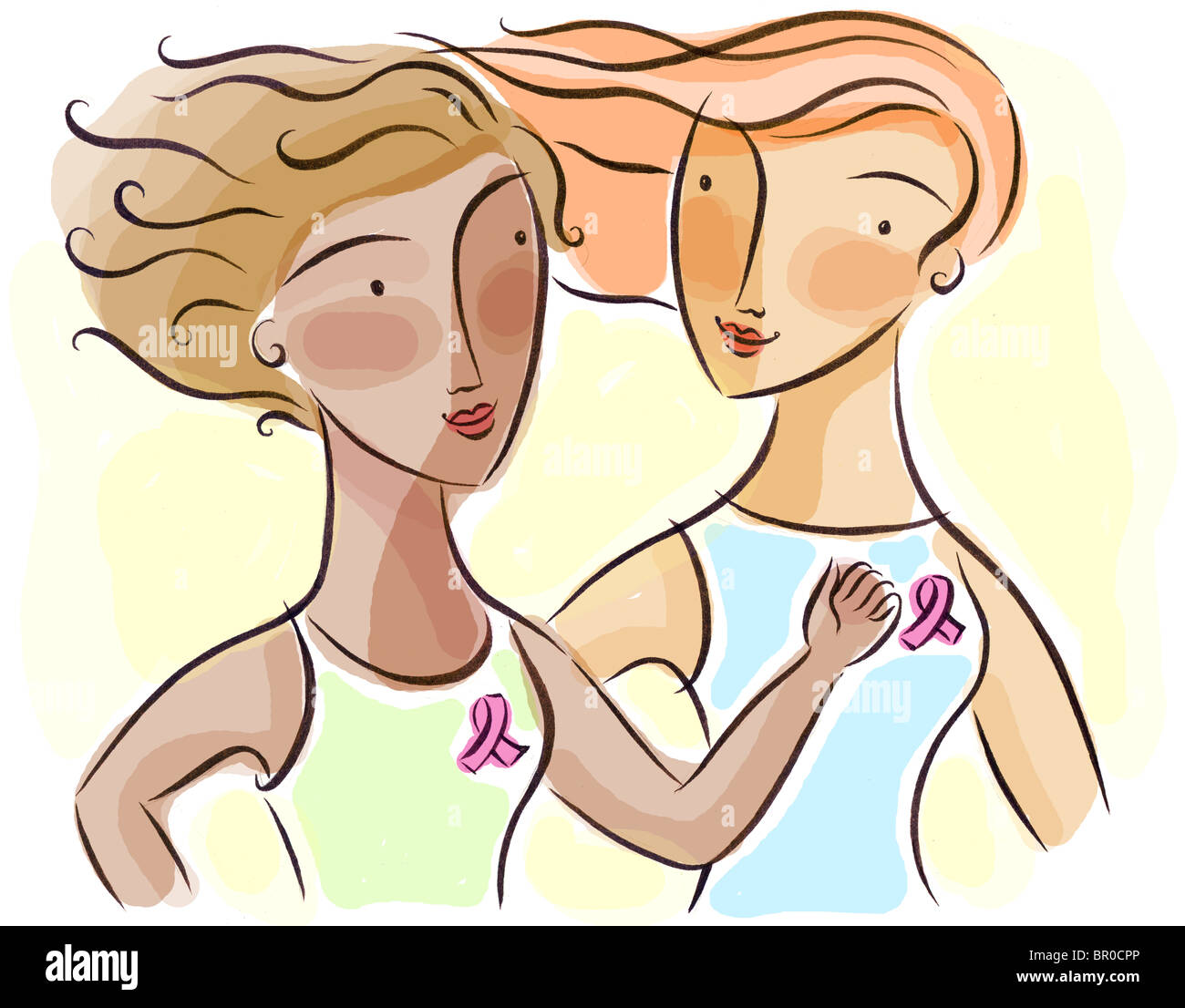 zwei Frauen gehen fands tragen rosa Bändern Stockfoto