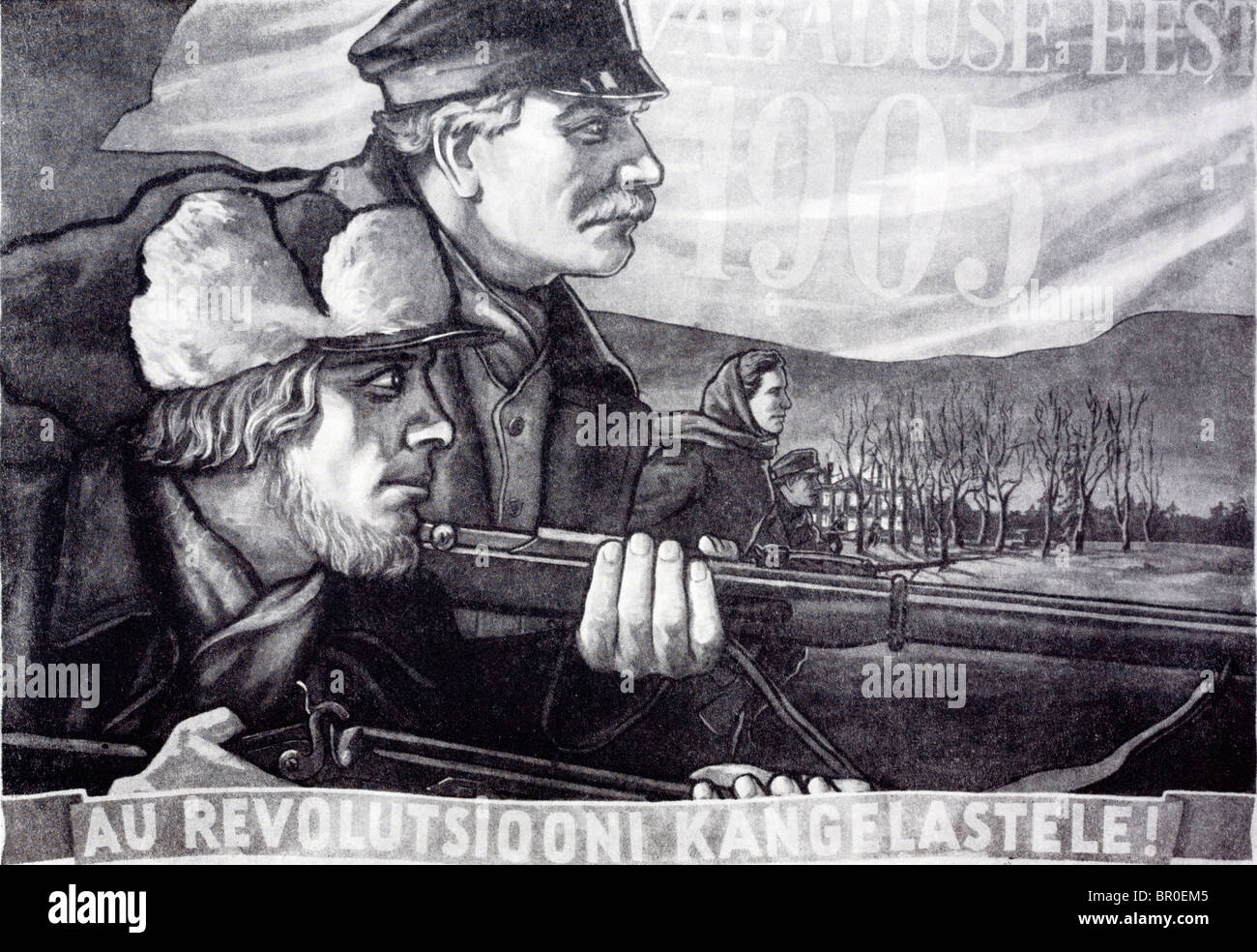 Sowjetische Propaganda-Plakat der russischen 1905-Revolution auf Estnisch. . "Für die revolutionären Helden!" Wahrscheinlich Stalin. Stockfoto