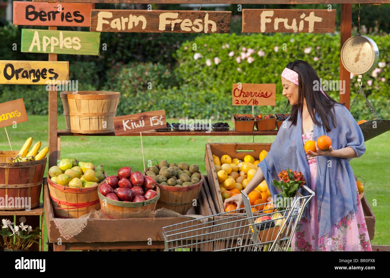 Frau am Obststand mit Lebensmittelgeschäft Warenkorb einkaufen Stockfoto