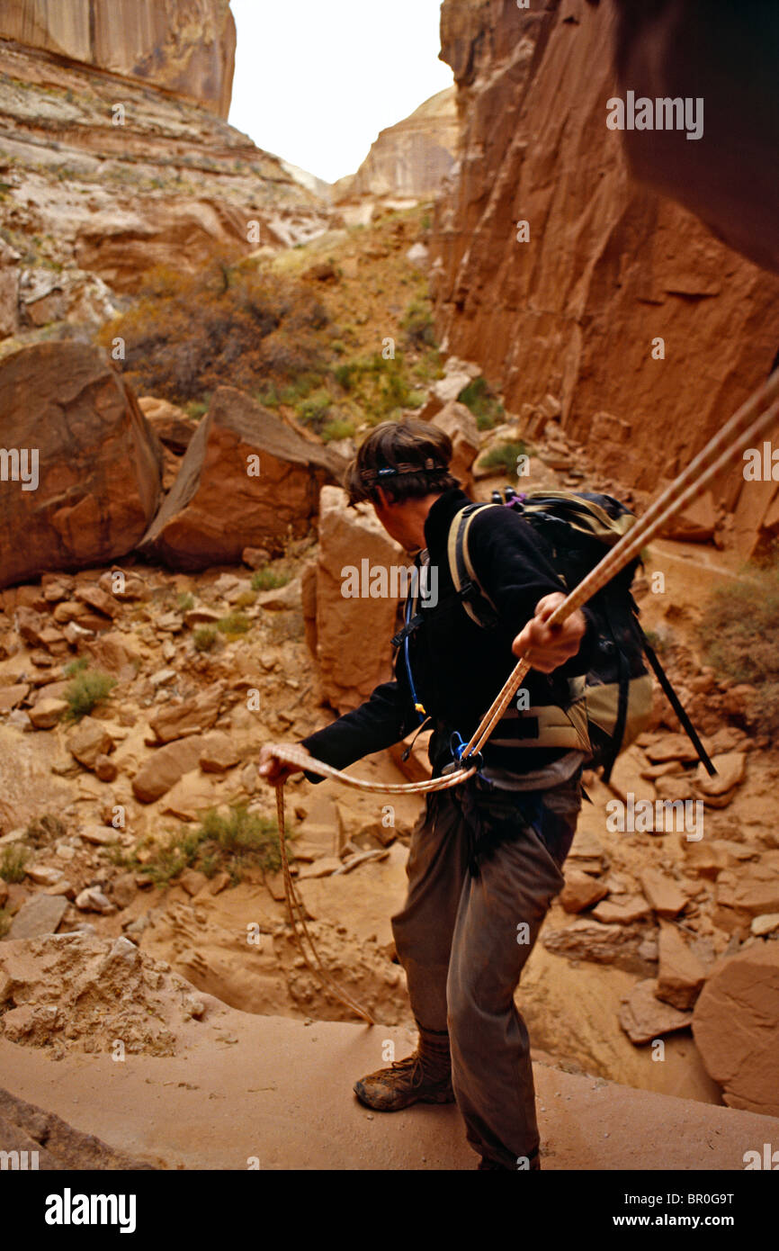 Mann Abseilen in Wüste Schlucht, Robbers Roost, Utah Stockfoto