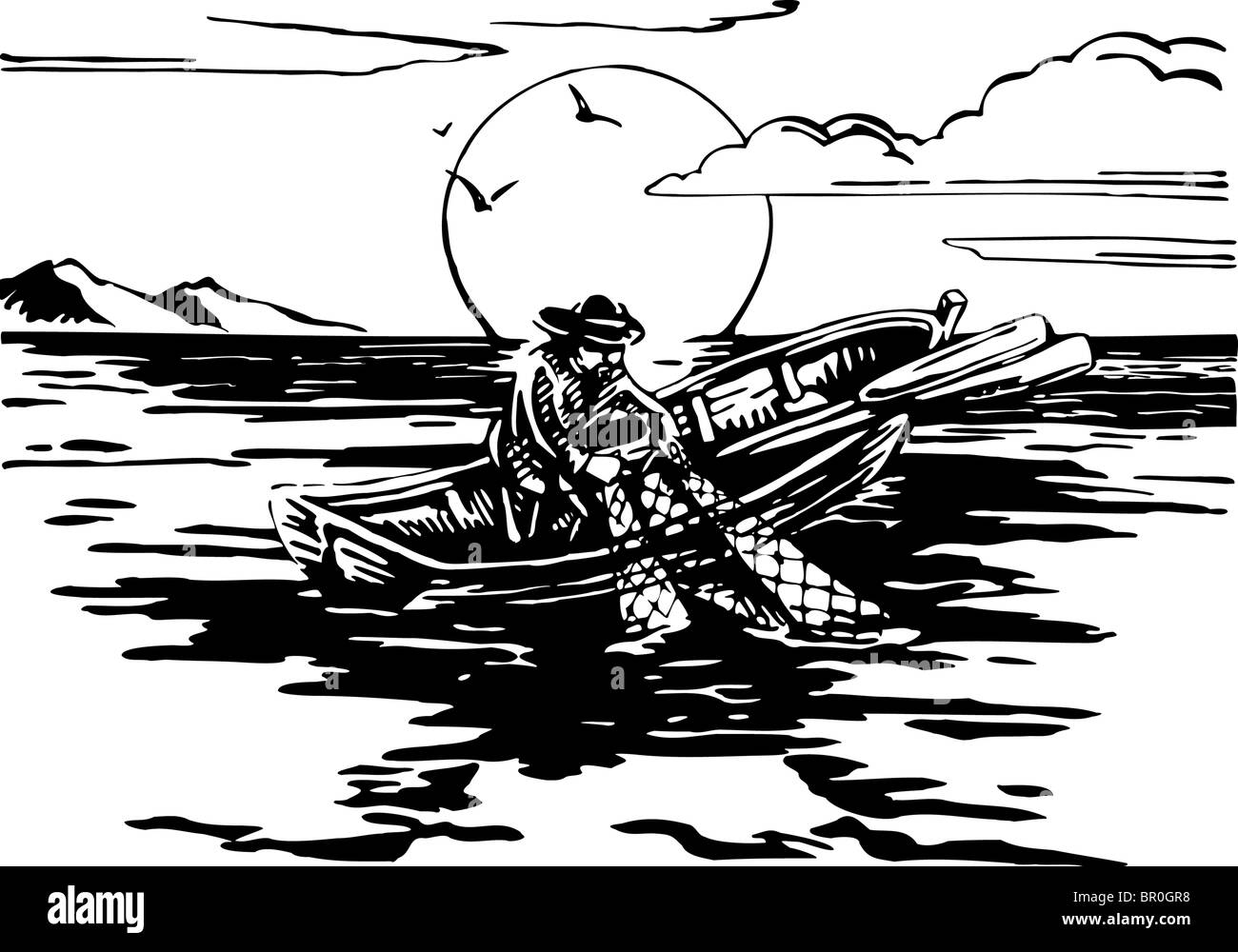 Ein Mann auf ein Boot Fischen mit einem Netz gezeigt in schwarz und weiß Stockfoto