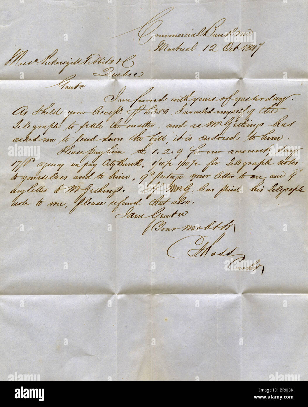Ein Vintage Brief handschriftlich mit Tinte aus Montreal im Jahre 1847 Stockfoto