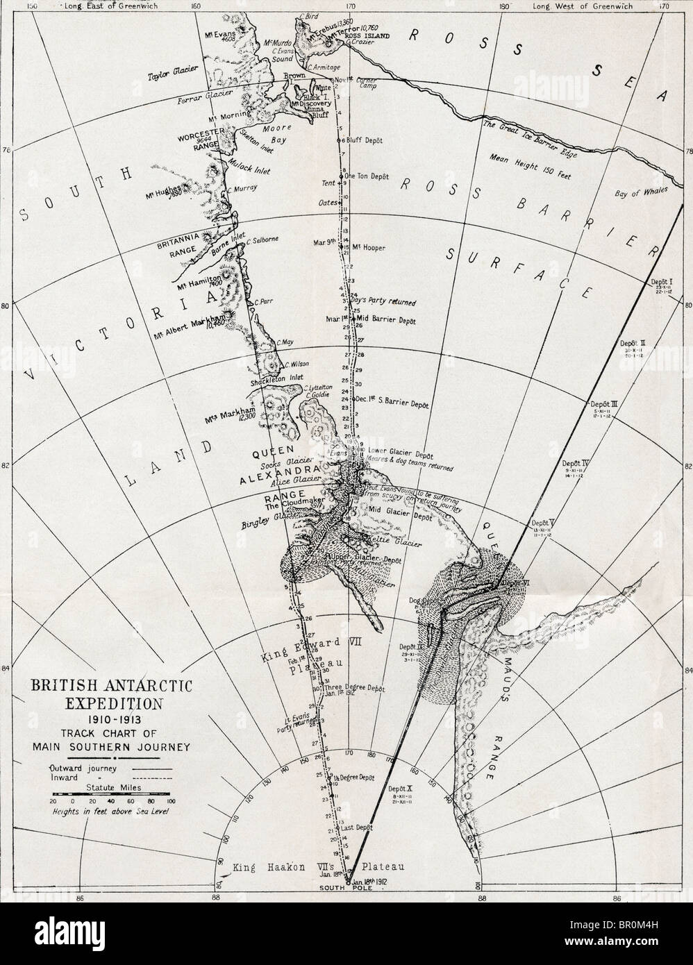 Verfolgen Sie Diagramm der wichtigsten südlichen Reise der Robert Falcon suggerieren British Antarctic Expedition 1910-1913. Stockfoto