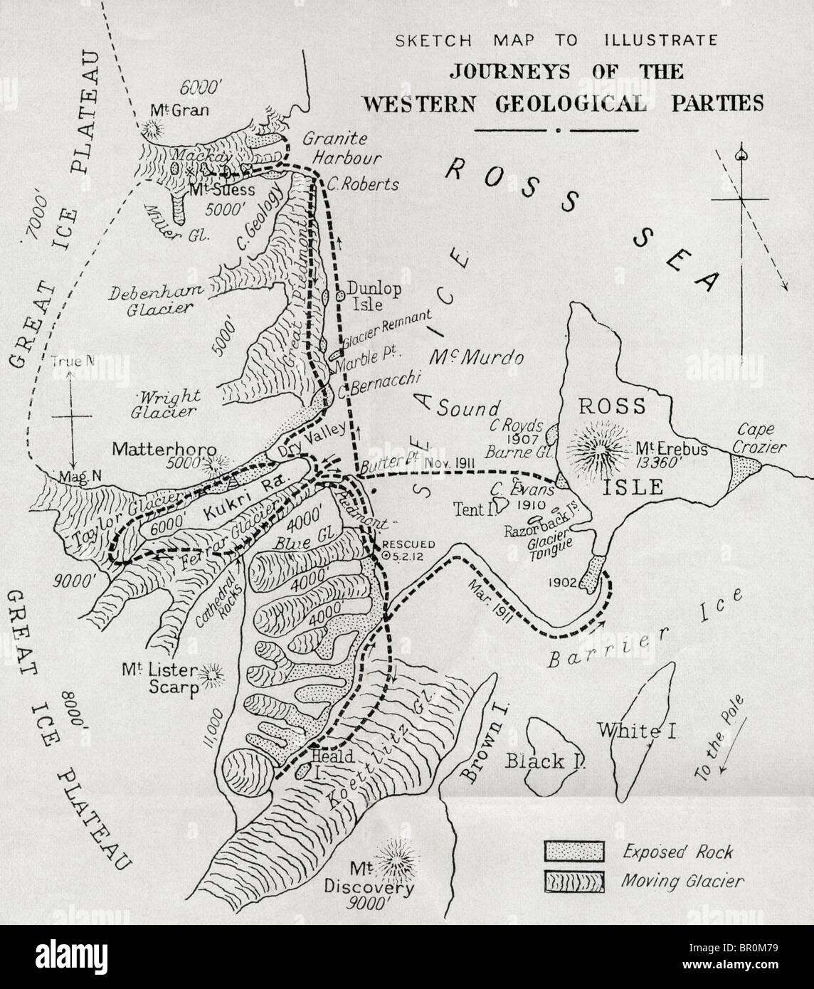 Karte zur Veranschaulichung Reisen der westlichen geologischen Parteien während Robert Falcon suggerieren British Antarctic Expedition 1910-1913 Stockfoto