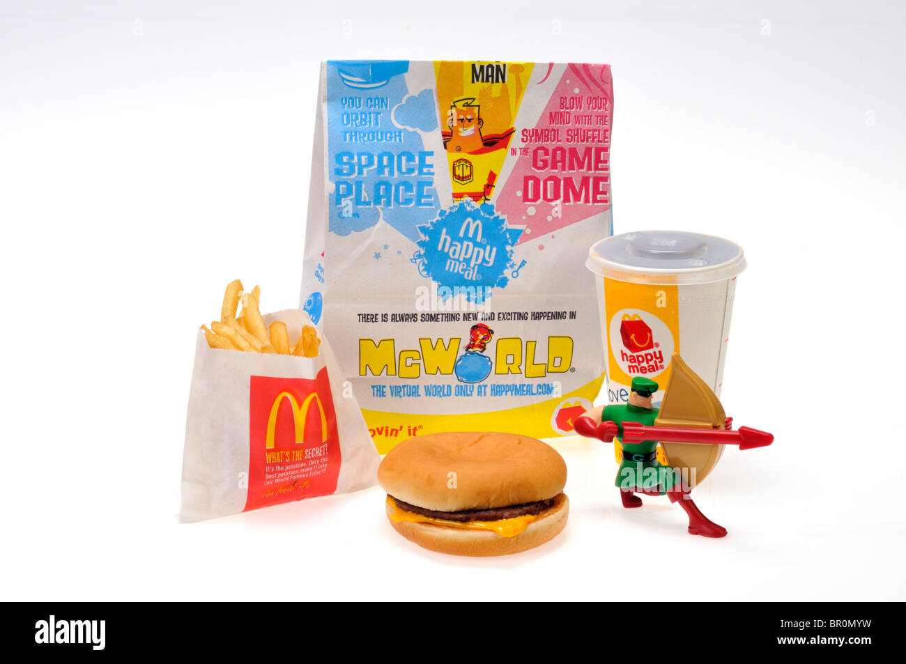 McDonald's Boy's Happy Meal mit Robin Hood Spielzeug auf weißem Hintergrund, Ausschnitt. USA Stockfoto
