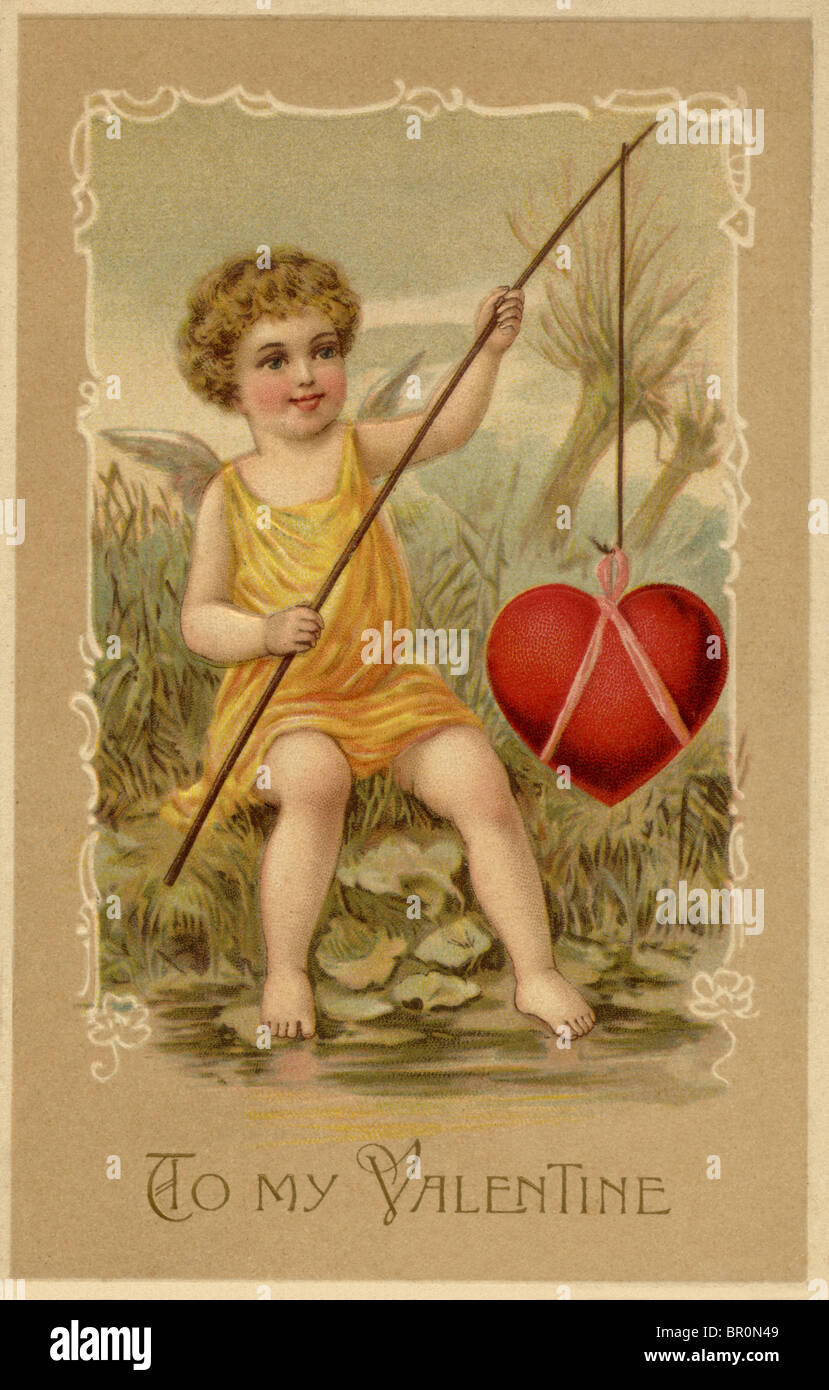 Ein Vintage Valentinstag-Karte mit einem Amor Angeln ein Herz Stockfoto