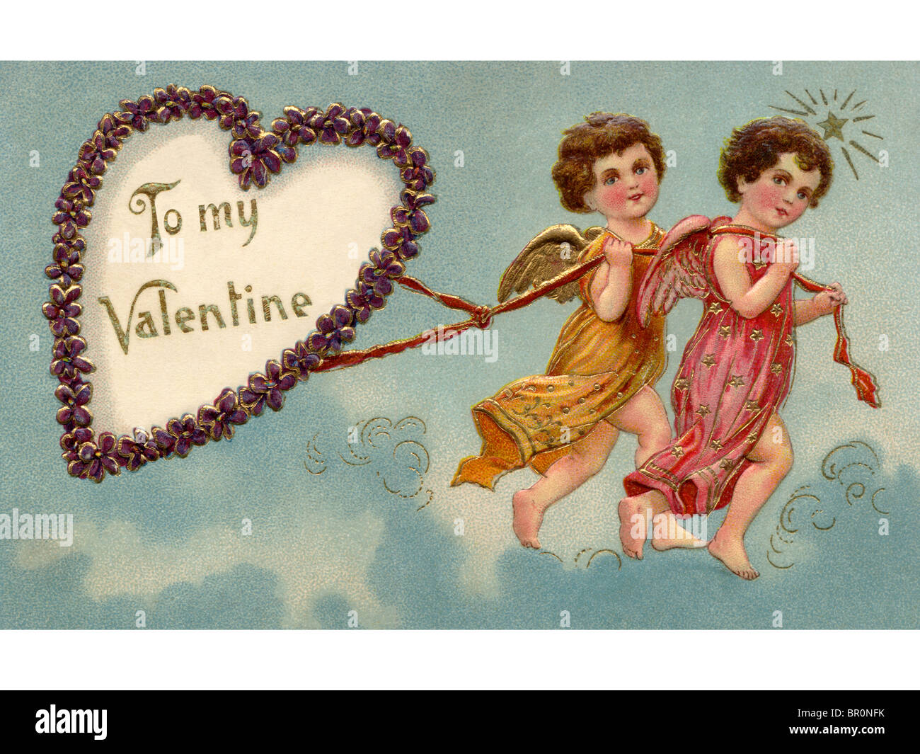 Ein Vintage, My Valentine-Karte mit zwei Putten ziehen ein Herz Stockfoto