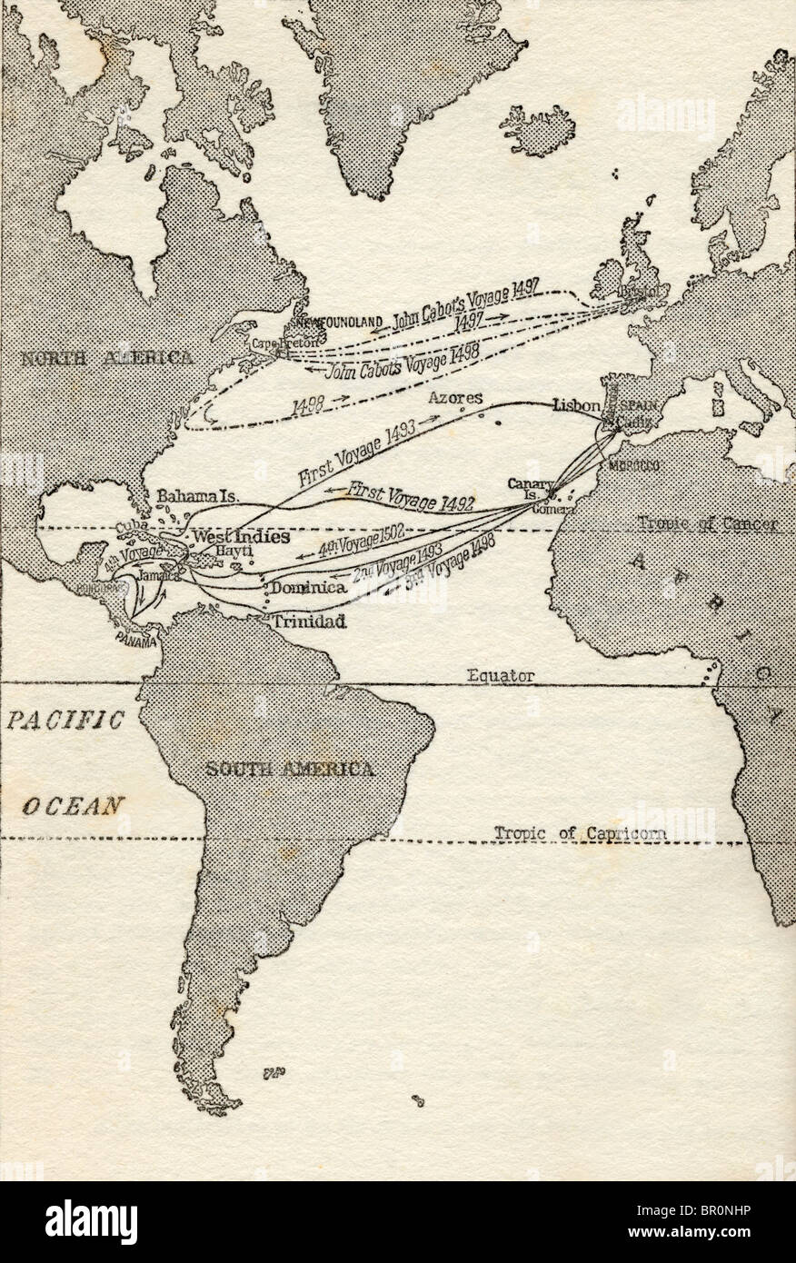 Diese Karte zeigt die Reisen von Christopher Columbus und John Cabot. Stockfoto
