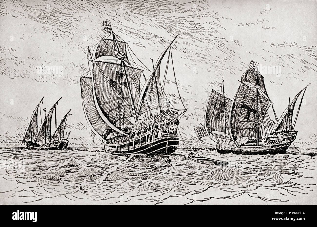 Die Flotte von Chrstopher Kolumbus, die Santa Maria, Pinta und der Niña. Stockfoto