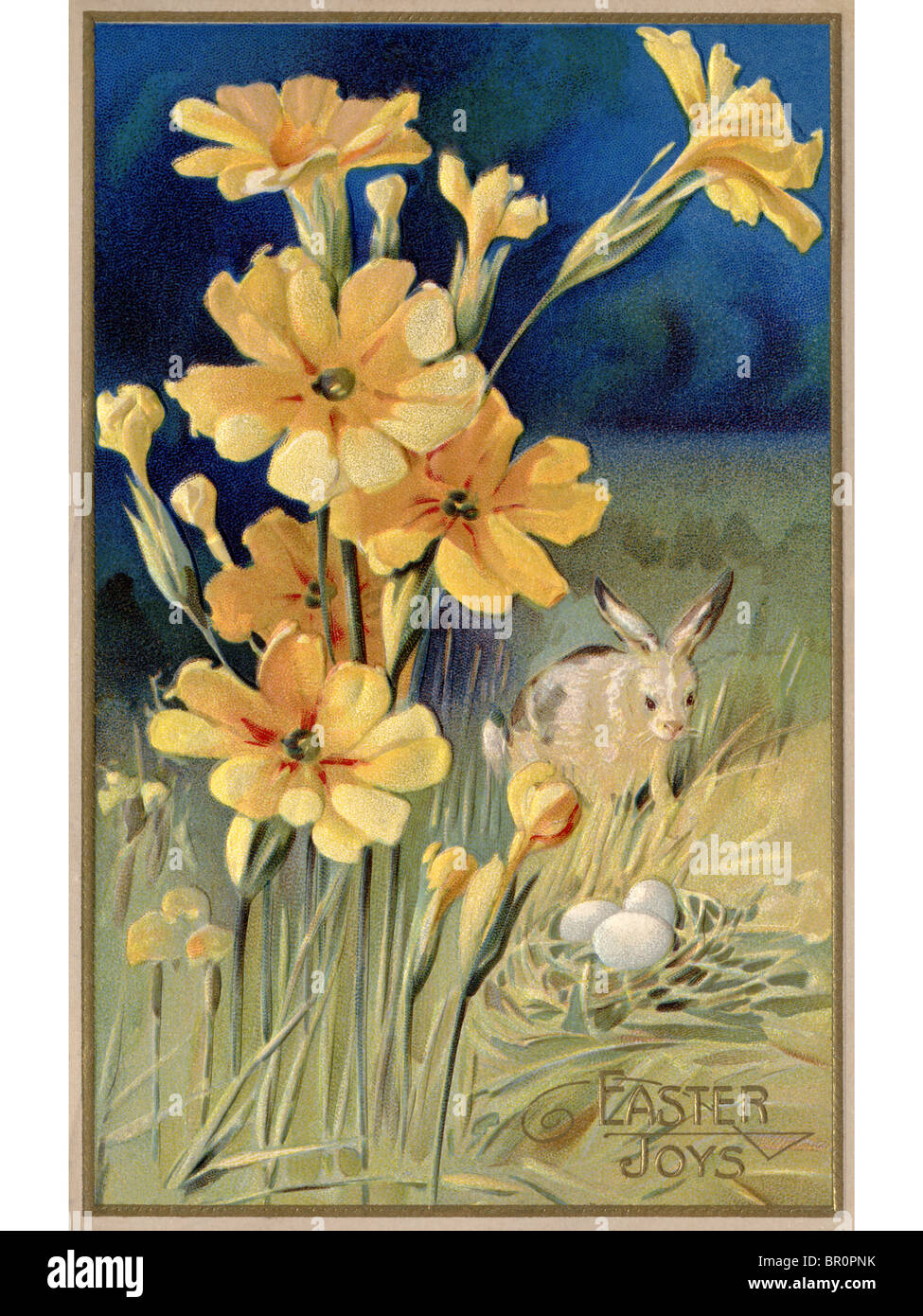 Eine Postkarte Ostern Frühlingsblumen, einen Hasen und Eier Stockfoto