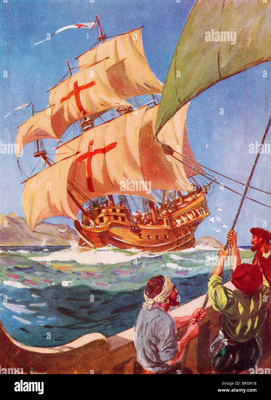 Christopher Columbus Blätter vor der spanischen Küste in seinem Flaggschiff Santa Maria auf seiner ersten Reise in die neue Welt 1492. Stockfoto