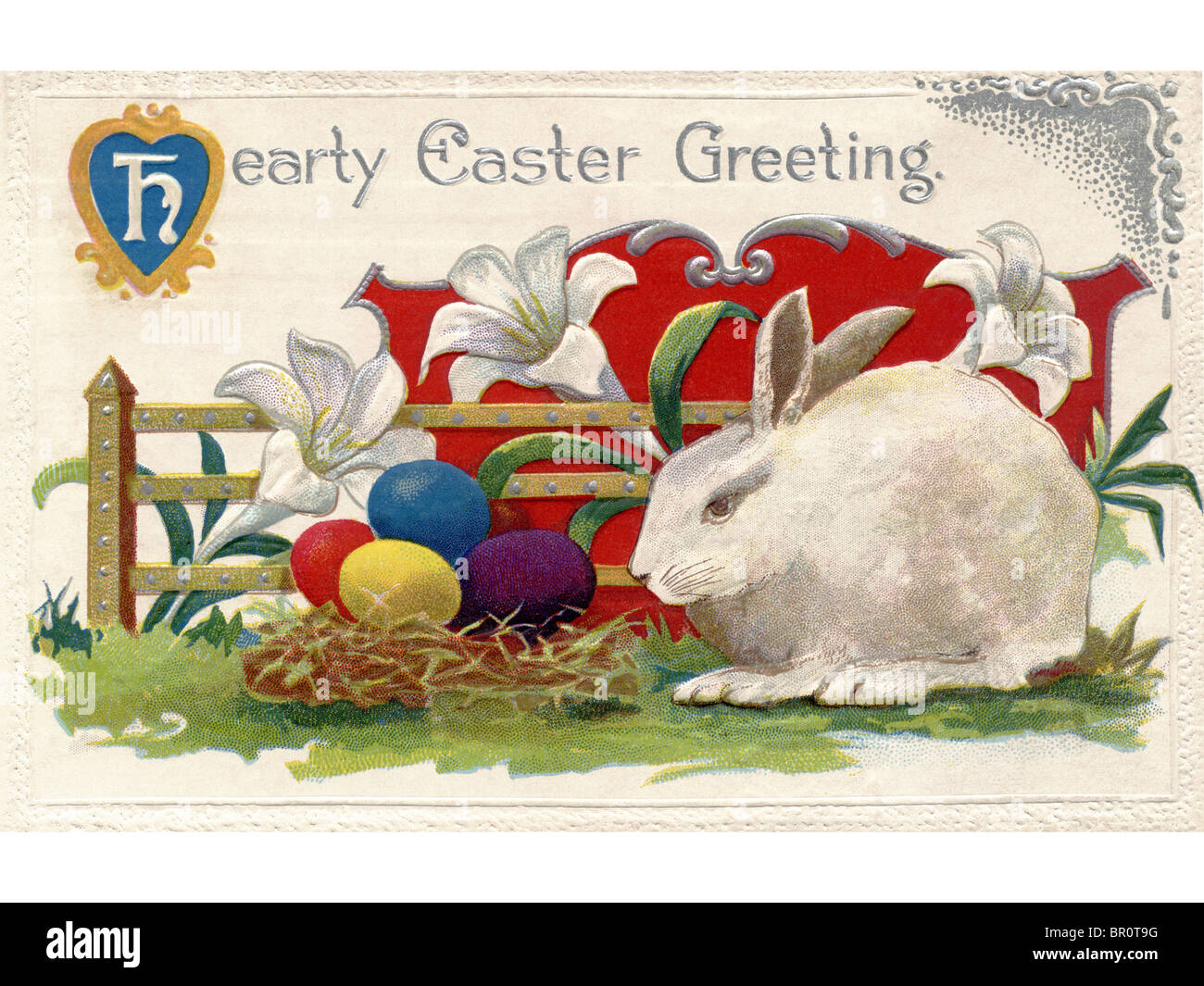 Eine Postkarte Ostern von Lilien, ein weißen Kaninchen und Ostereier Stockfoto