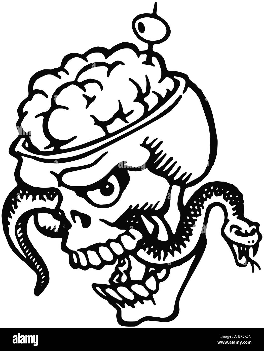 Eine schwarz-weiß Version eines Schädels mit prall Gehirne und eine Schlange und Oliven gefüllt Zahnstocher Stockfoto