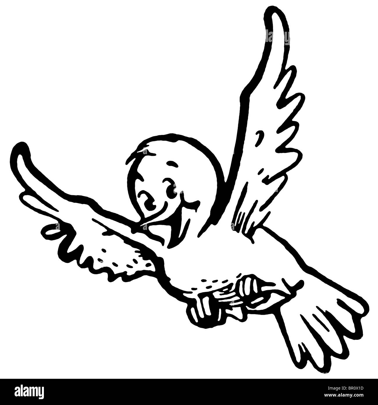 Eine schwarz-weiß Version ein glücklich aussehende Vogel fliegt Stockfoto