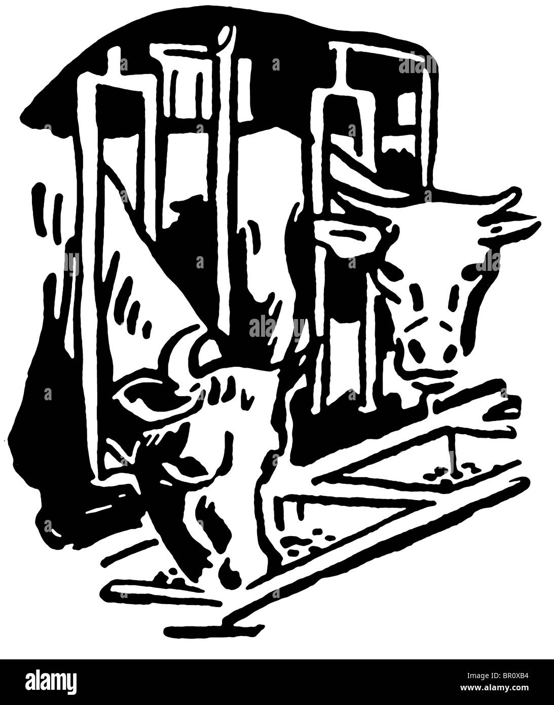 Eine schwarz-weiß Version von zwei Bullen Essen führen Sie durch eine Scheune grill Stockfoto
