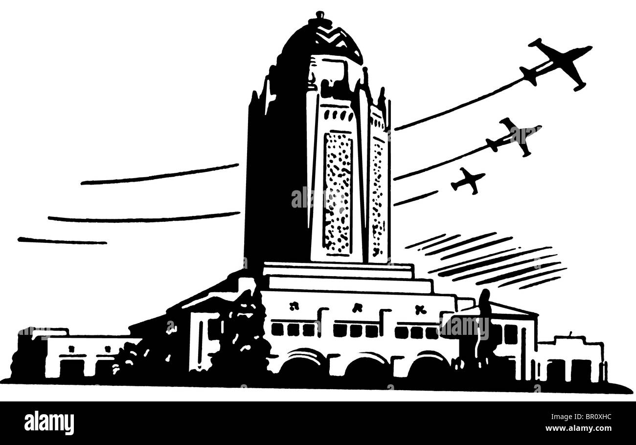 Eine schwarz-weiß Version eines großen Art-Deco-Gebäude mit Flugzeuge fliegen im Hintergrund Stockfoto