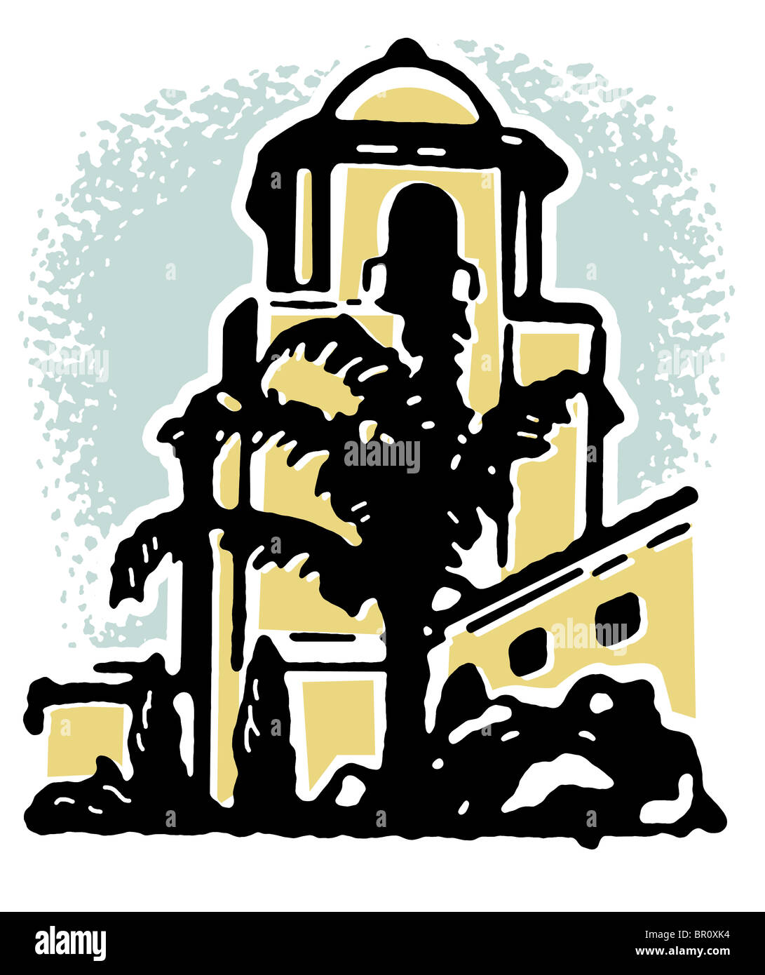 Ein Beispiel für ein Gebäude aus Stein mit einer großen Palme im Vordergrund Stockfoto