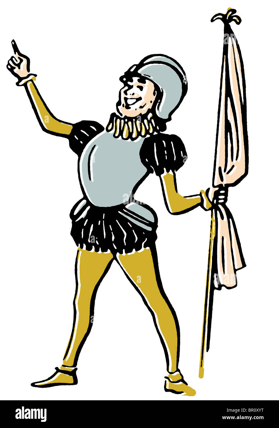 Eine Zeichnung von einem Ritter in Amour hält eine Fahne Stockfoto