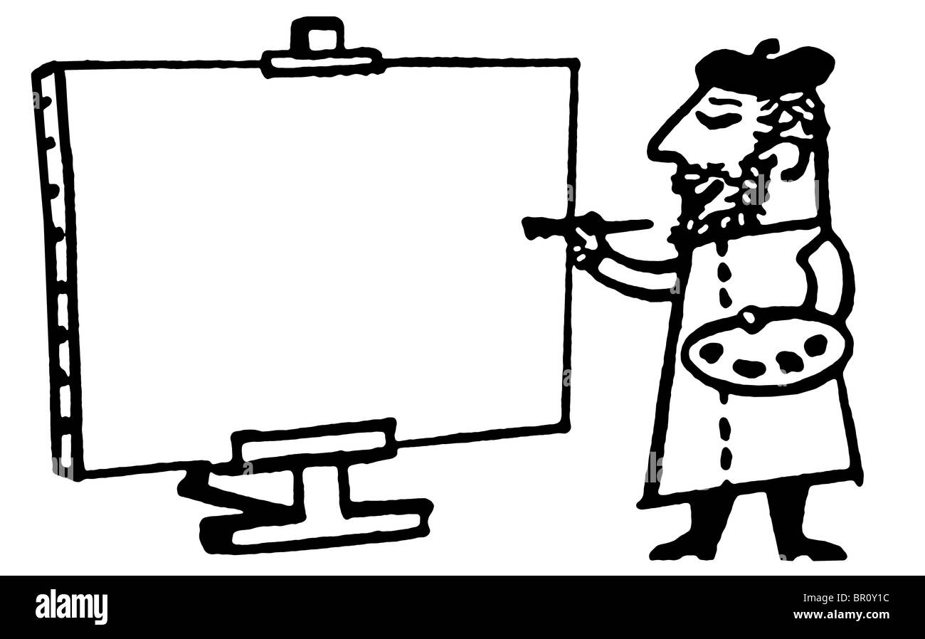 Eine schwarz-weiß Version einer Illustration eines männlichen Künstlers Malerei auf einem Keilrahmen Stockfoto