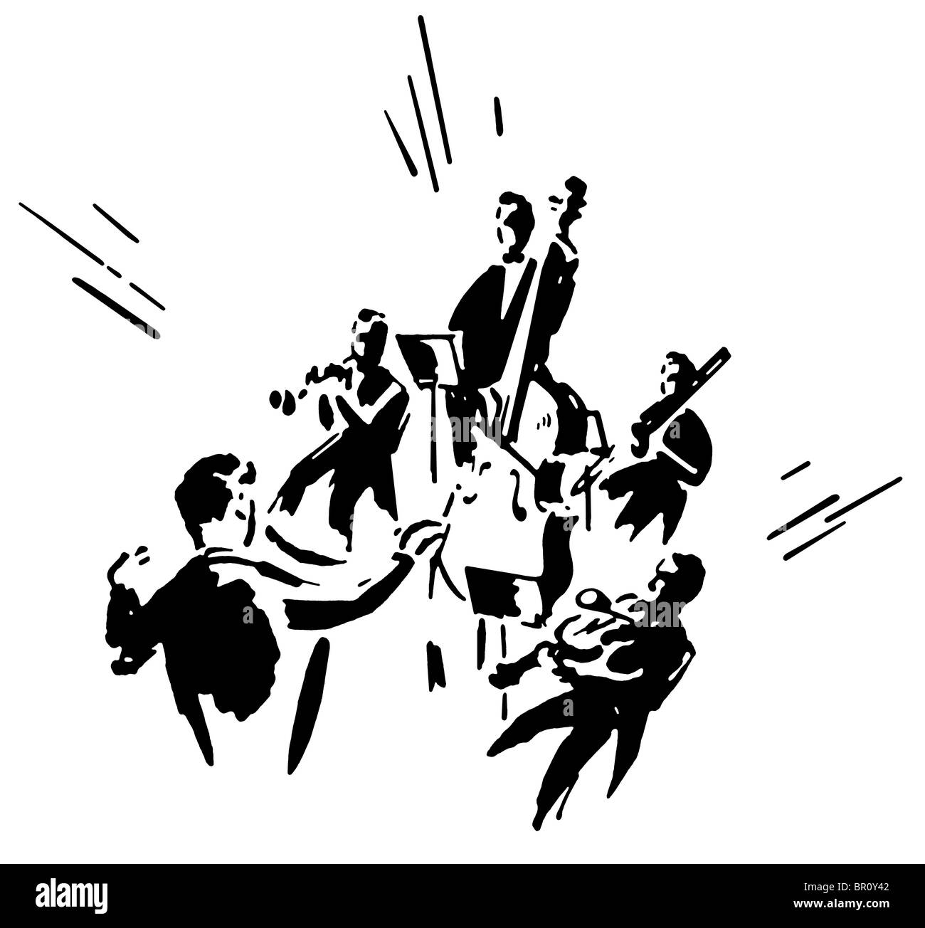 Eine schwarz-weiß Version einer Illustration eines Mannes ein Orchester Stockfoto