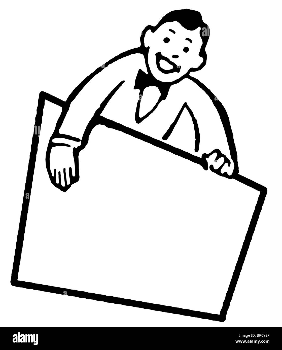 Eine schwarz-weiß Version von einem Cartoon-Stil, Zeichnung von einem Lieferanten mit einem leeren Schild Stockfoto