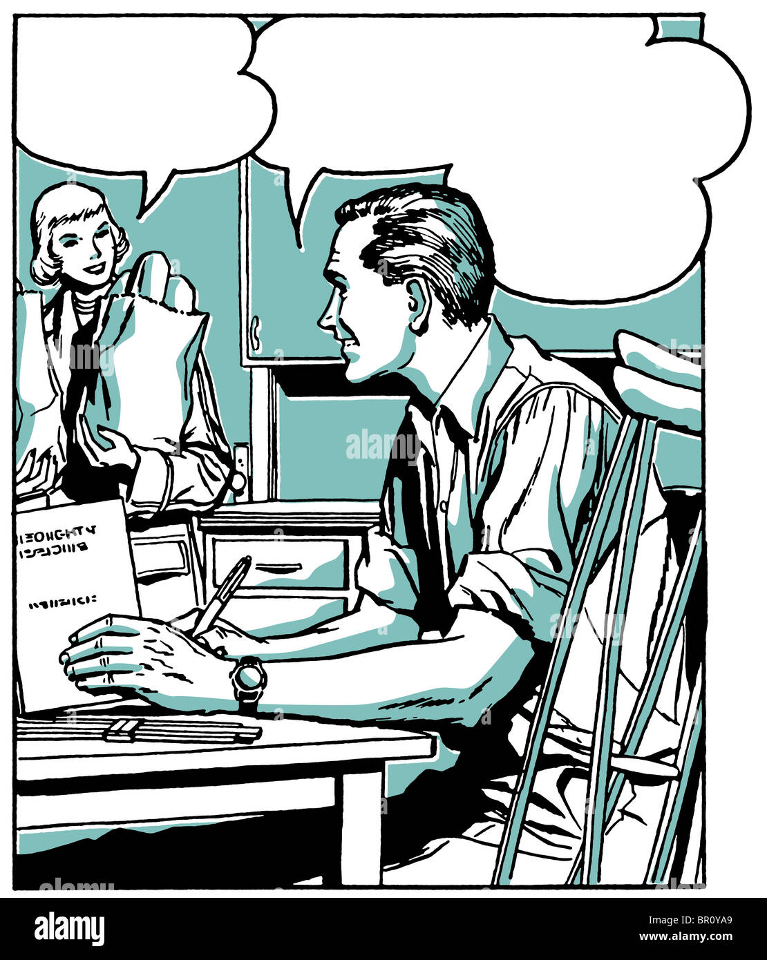 Ein Comic-Stil-Abbildung von einem Mann an einem Schreibtisch im Gespräch mit einer Frau im Hintergrund Stockfoto