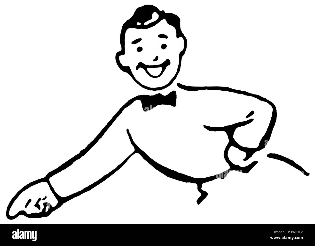 Eine schwarz-weiß Version von einem Cartoon-Stil, Zeichnung von einem glücklich aussehender Mann gekleidet in einer Suite mit Bowtie zeigte mit dem finger Stockfoto