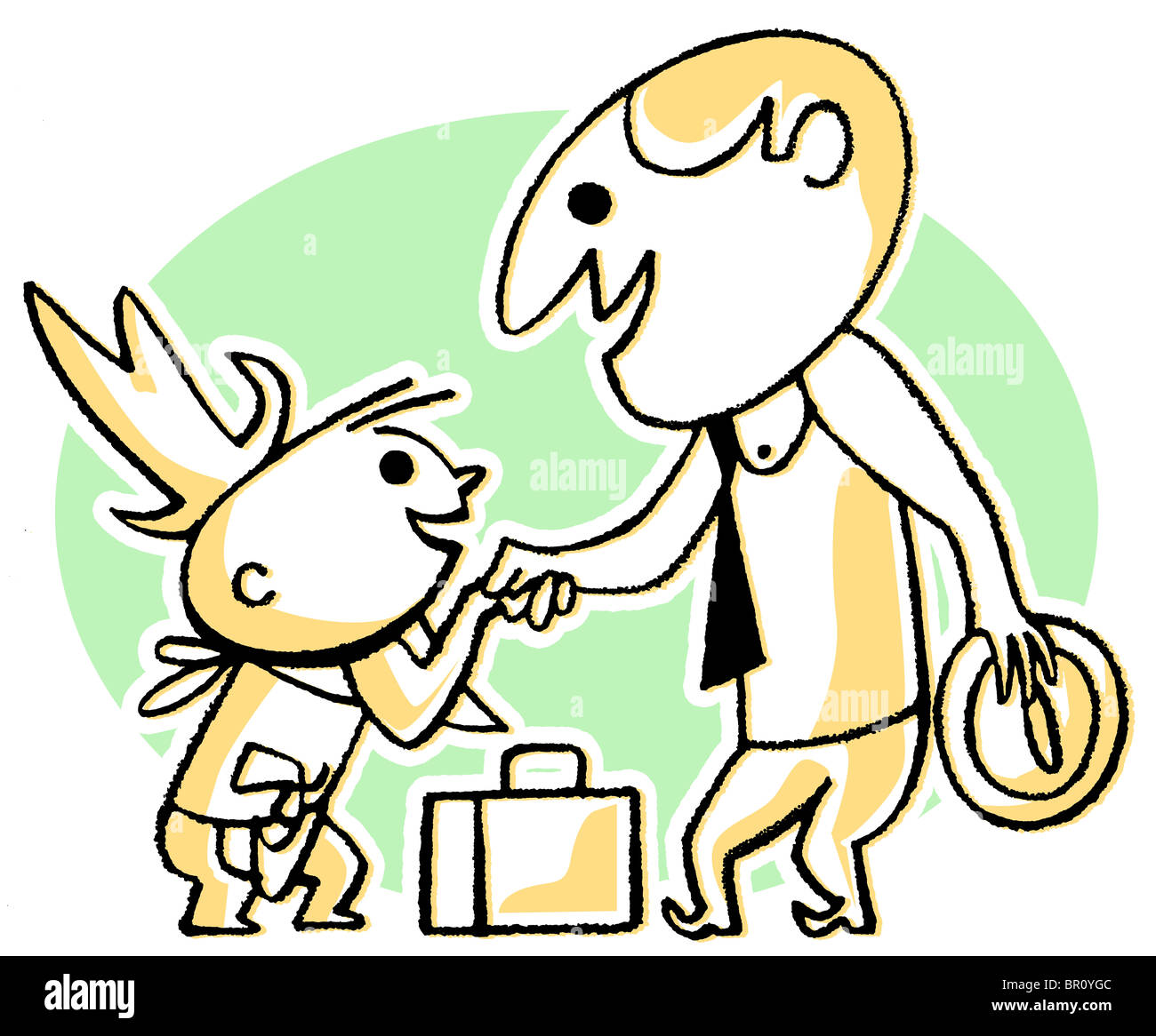 Ein Cartoon-Stil, Zeichnung eines Geschäftsmannes, der Begrüßung eines kleinen Kindes Stockfoto
