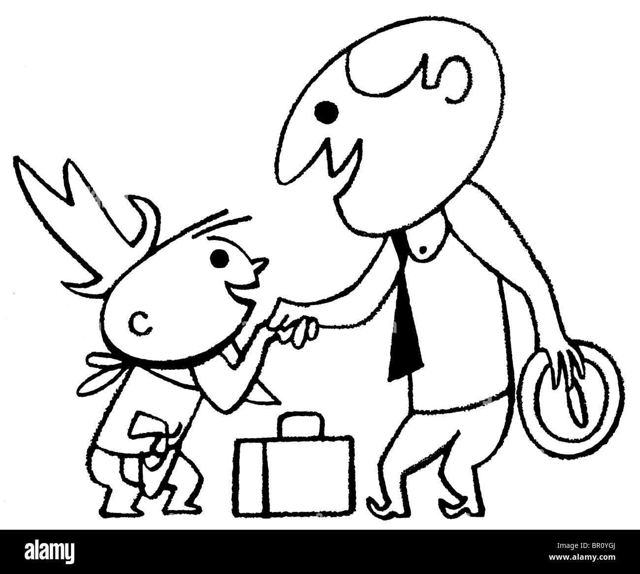 Eine schwarz-weiß Version von einem Cartoon-Stil, Zeichnung eines Geschäftsmannes, der Begrüßung eines kleinen Kindes Stockfoto