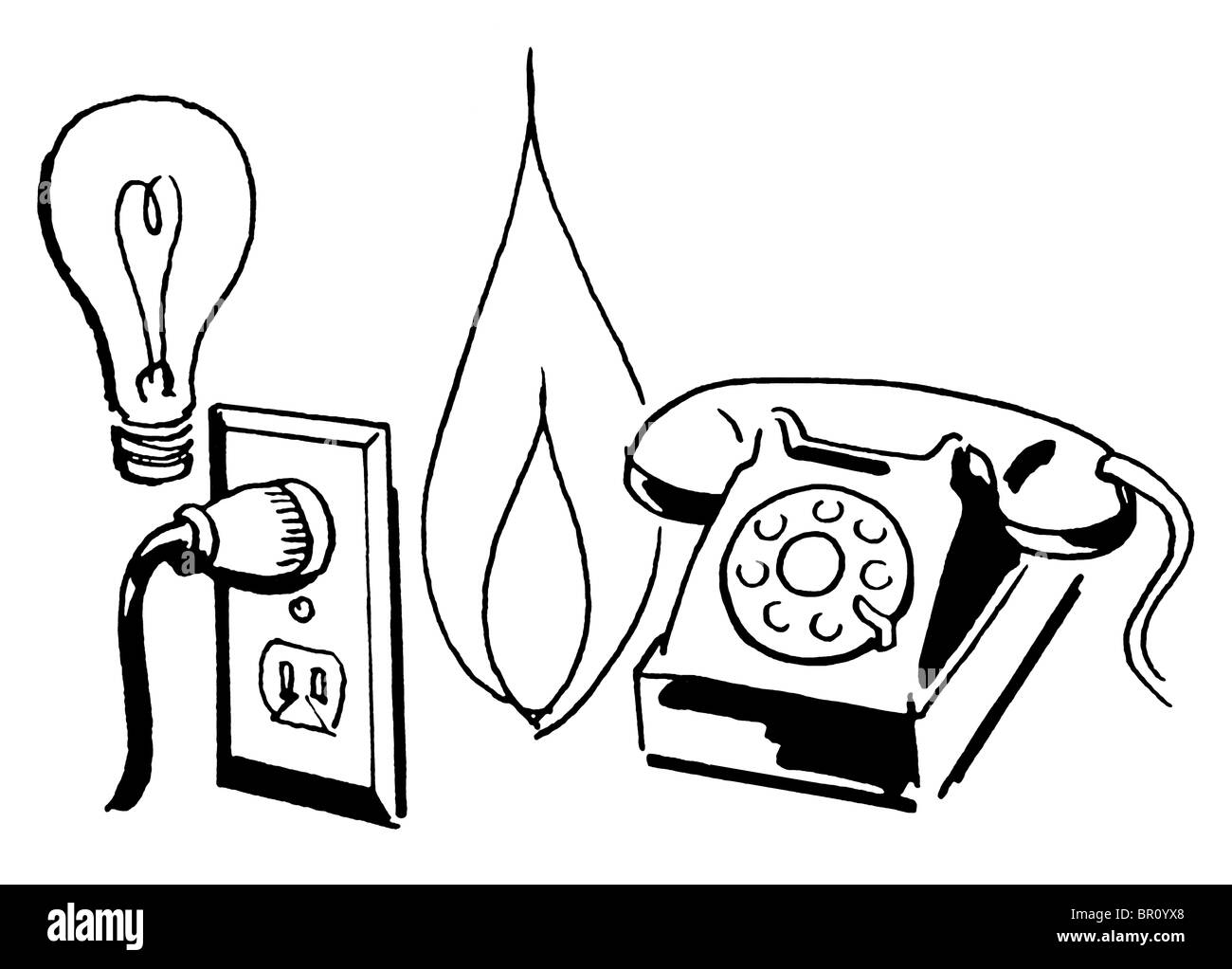 Eine schwarz-weiß Version einer Gruppierung von Strichzeichnungen von einer Glühbirne, Steckdose, Flamme und Telefon Stockfoto