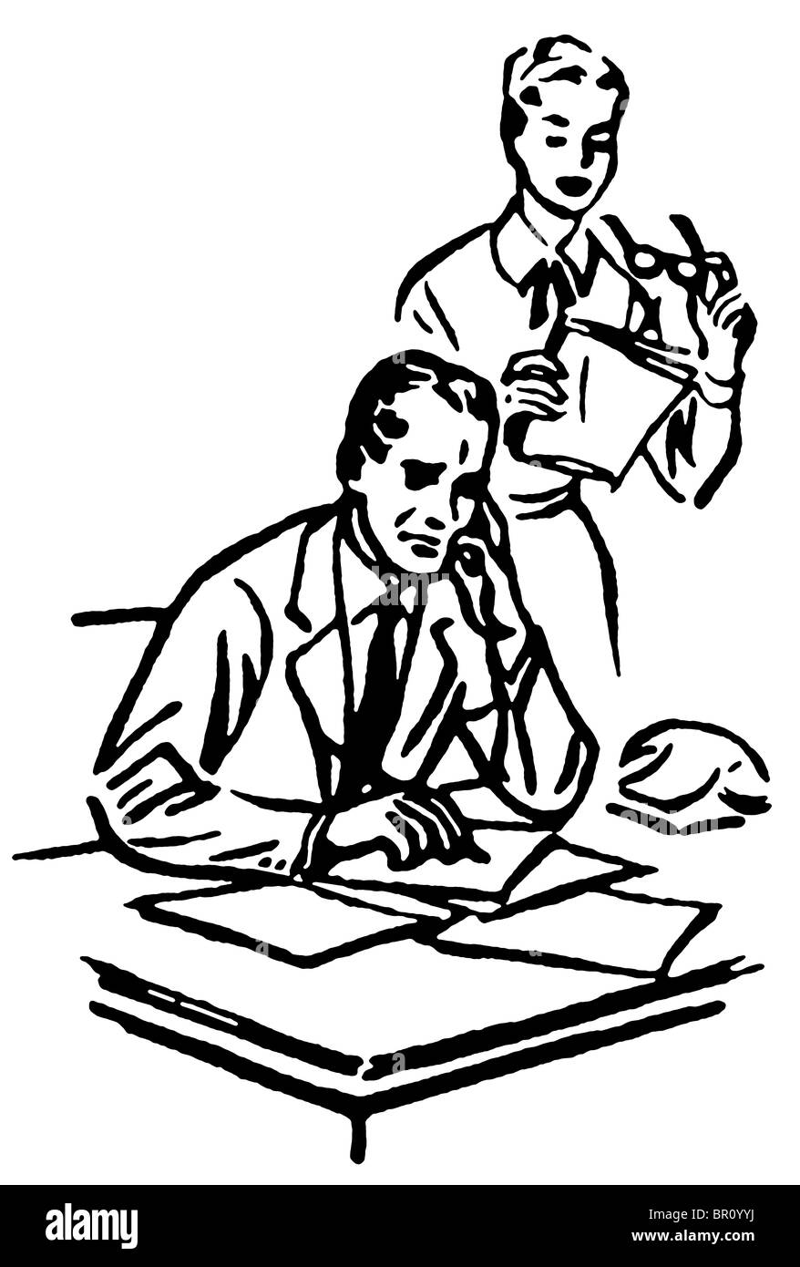 Eine schwarz-weiß Version eines Geschäftsmannes mit seiner Sekretärin überragt ihn an seinem Schreibtisch arbeiten Stockfoto