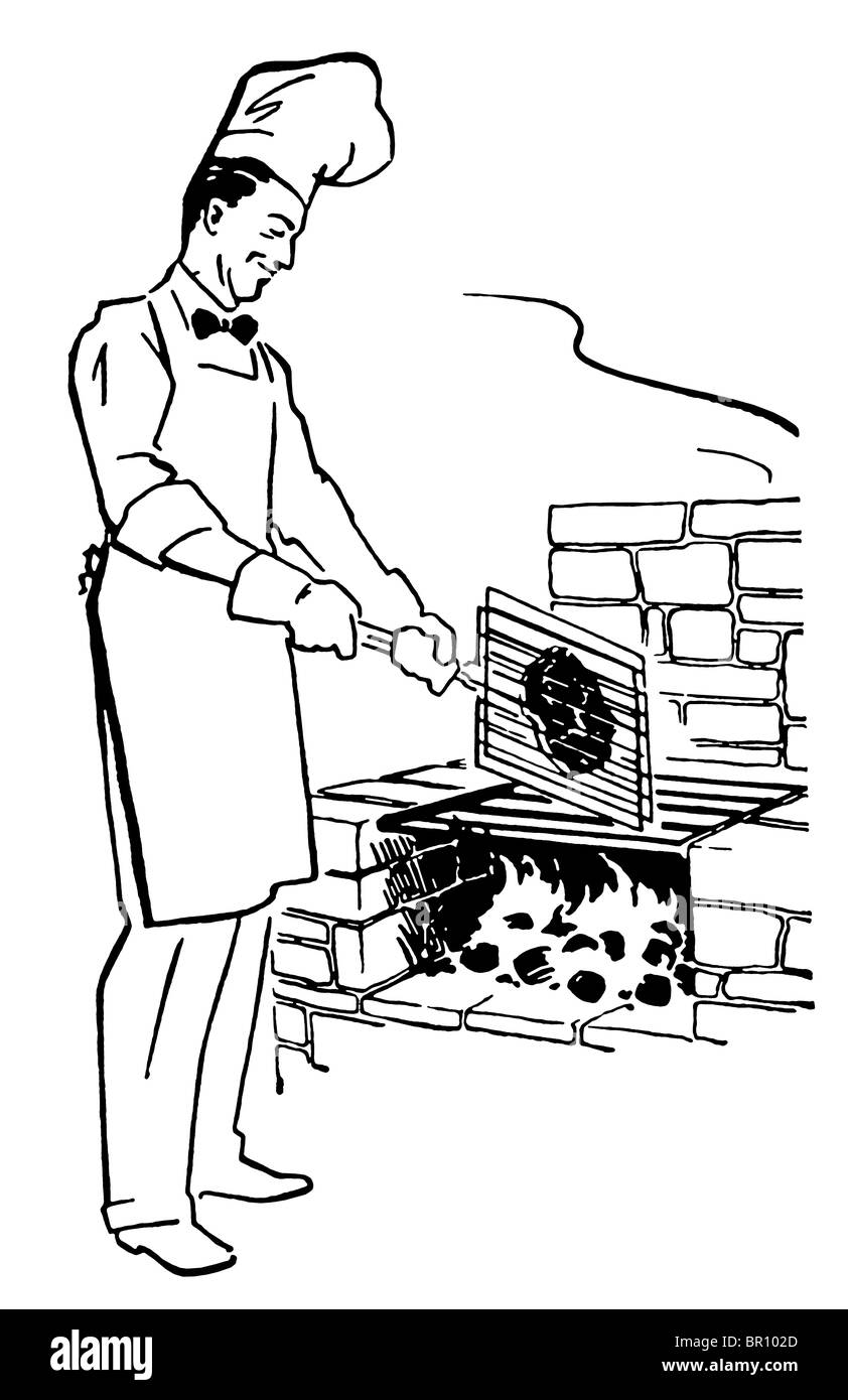 Eine schwarz-weiß Version eines Küchenchefs Kochen auf dem Grill Feuer Stockfoto