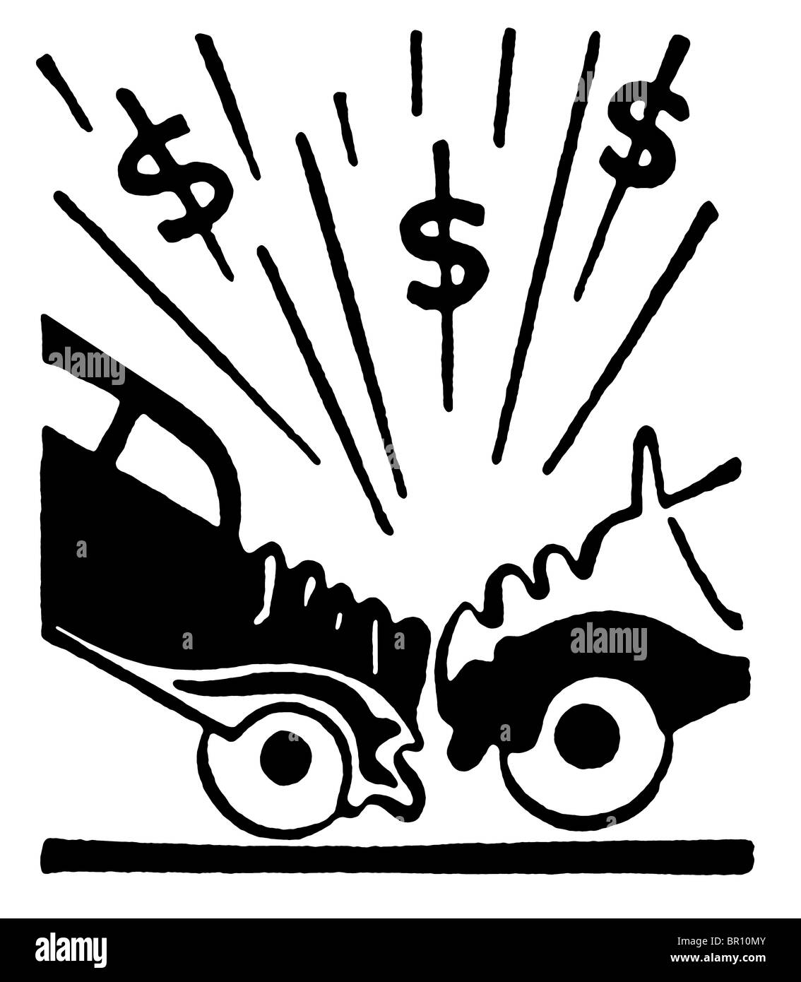 Eine schwarz-weiß Version einer Illustration von einem Autounfall und daraus resultierende in Dollarzeichen Stockfoto