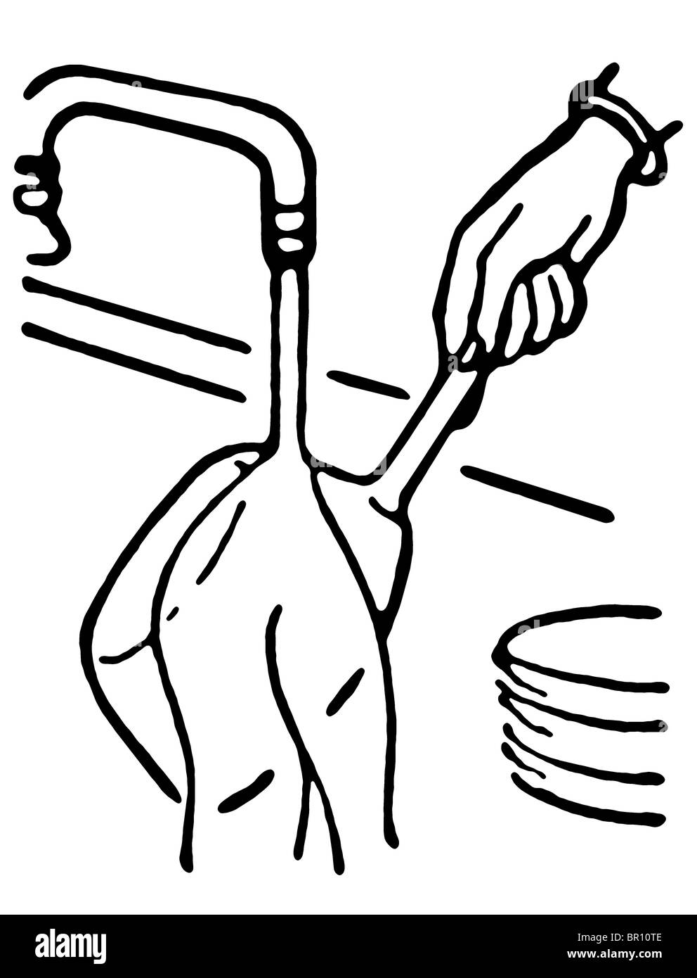 Eine schwarz-weiß Version von Waschen von Töpfen und Pfannen Stockfoto