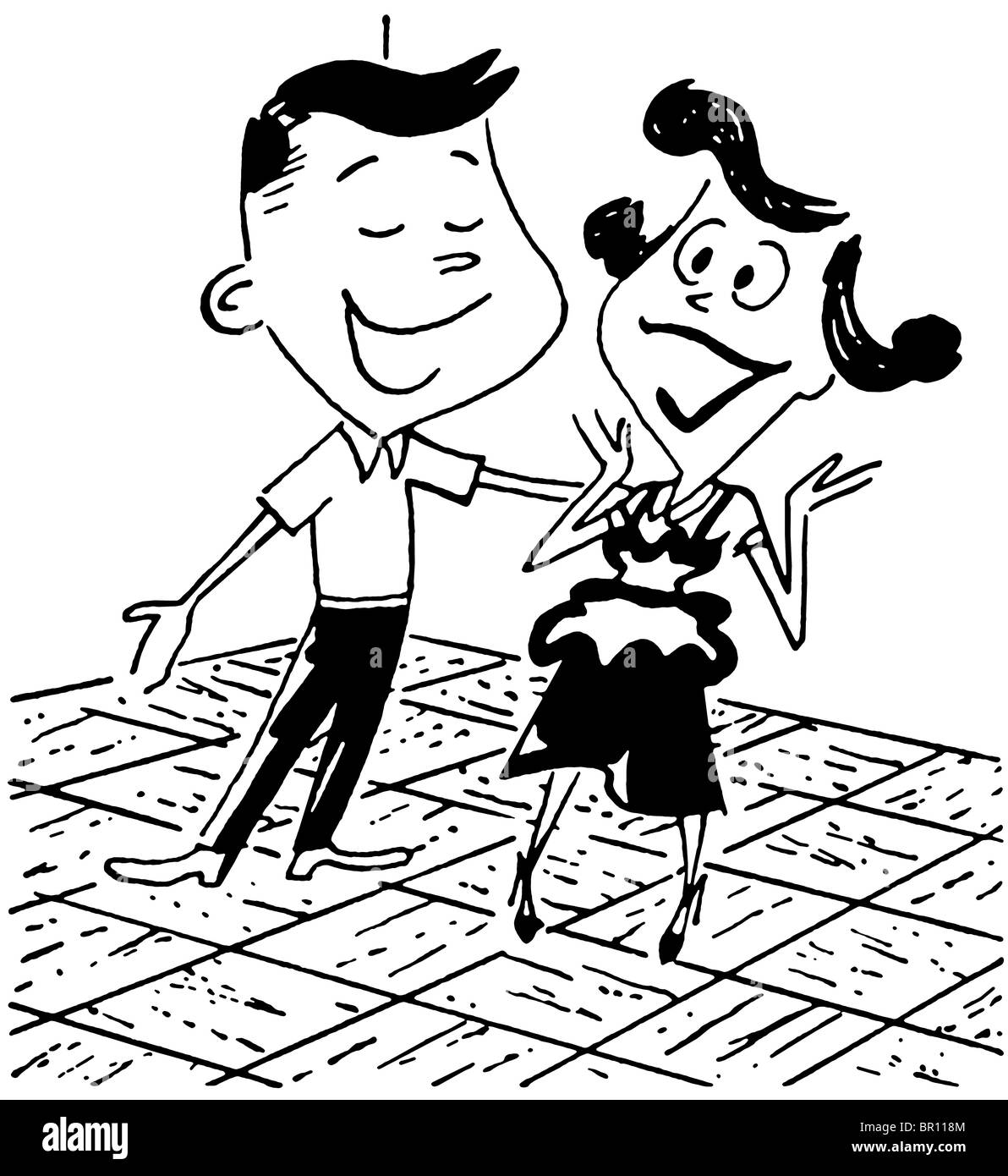 Eine schwarz-weiß Version von einem Cartoon-Stil, die Zeichnung eines jungen Paares auf einer Tanzfläche Stockfoto
