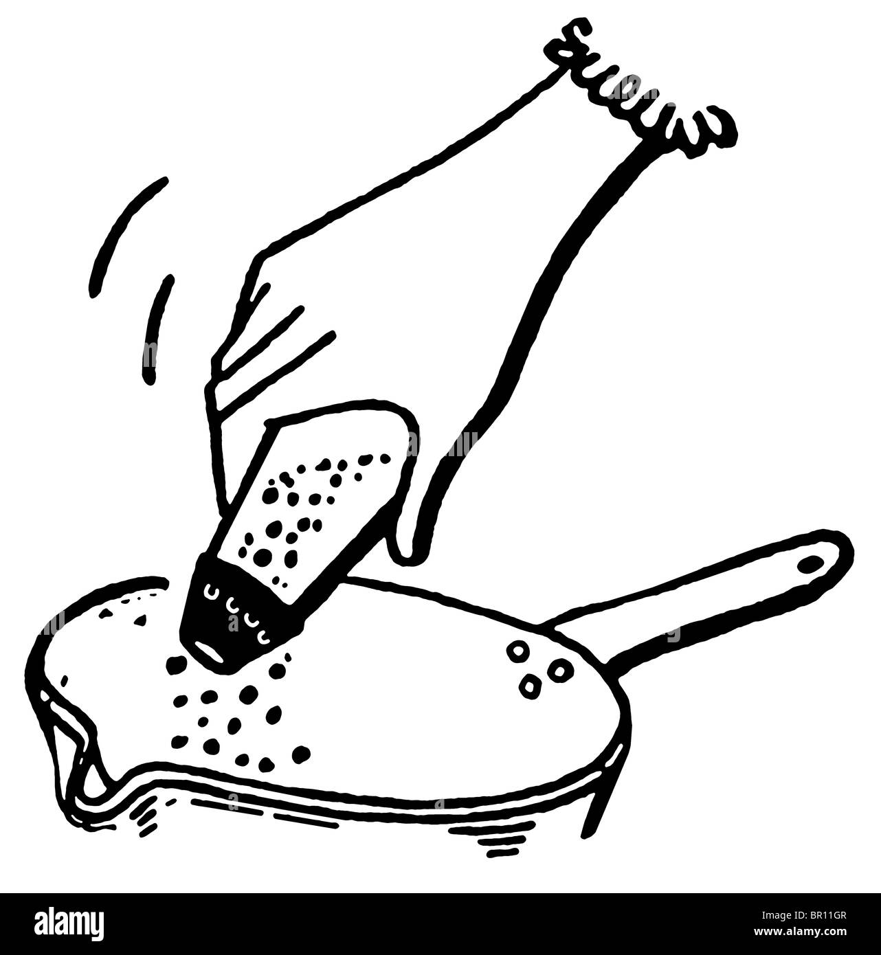 Eine schwarz-weiß Version der Zugabe von Salz in den Topf Stockfoto